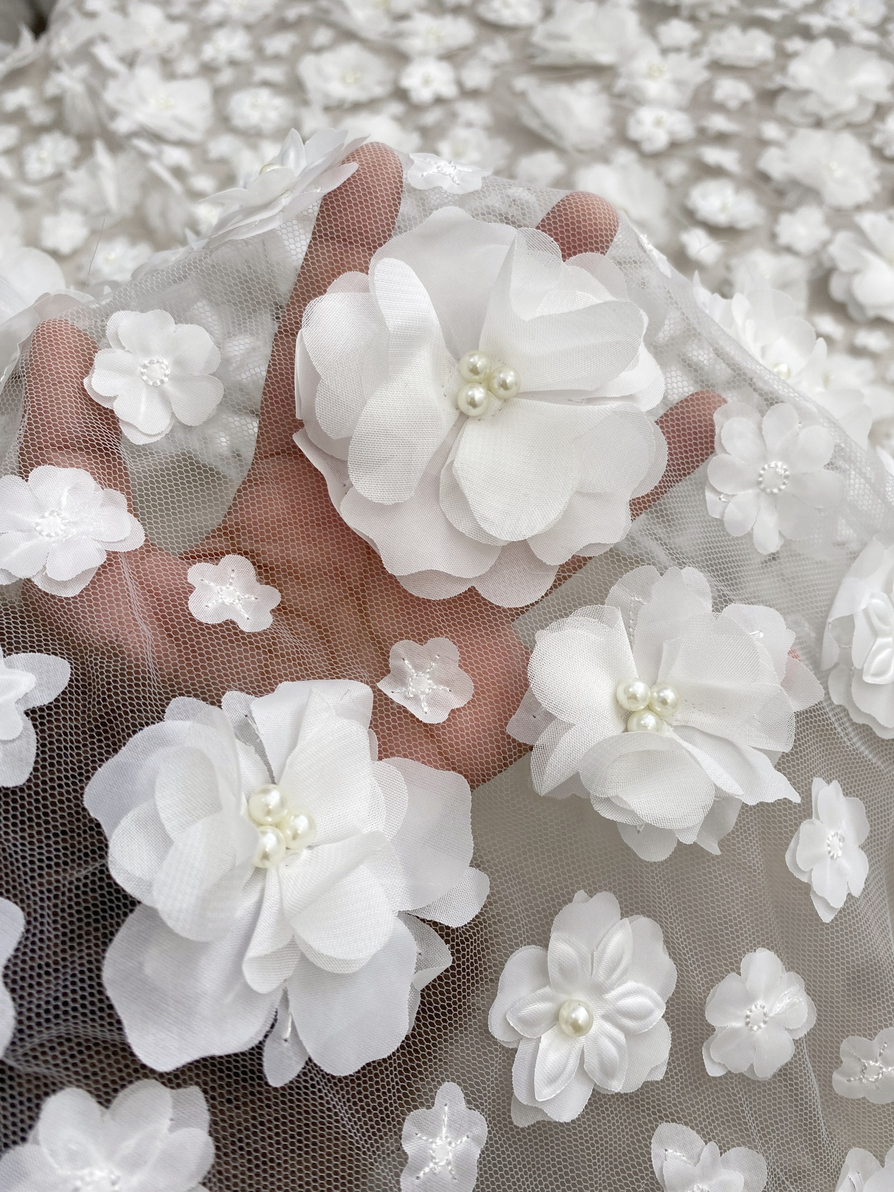 3D Blossom Flowers Mesh Lace Fabric with Pearl Beads | Floral Petals Tulle for Wedding Dresses, Bridal Gowns, Veils & Evening Wear