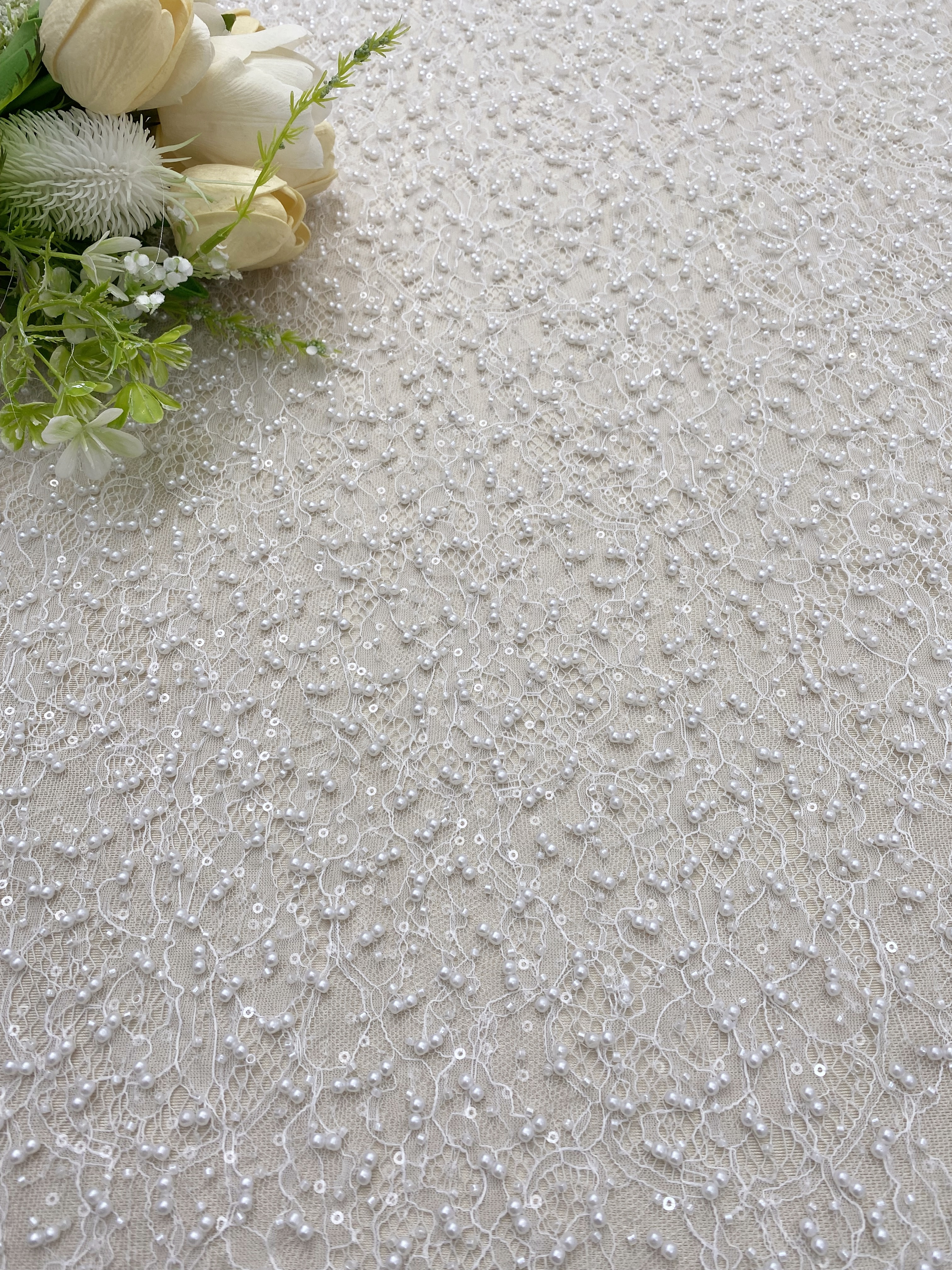 Ivory Heavy  Bead Embroidery Lace with Pearl Sequin, Pearls Lace Fabric for Wedding Gown Bridal Dress,  Sold by the Yard