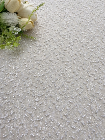 Ivory Heavy  Bead Embroidery Lace with Pearl Sequin, Pearls Lace Fabric for Wedding Gown Bridal Dress,  Sold by the Yard
