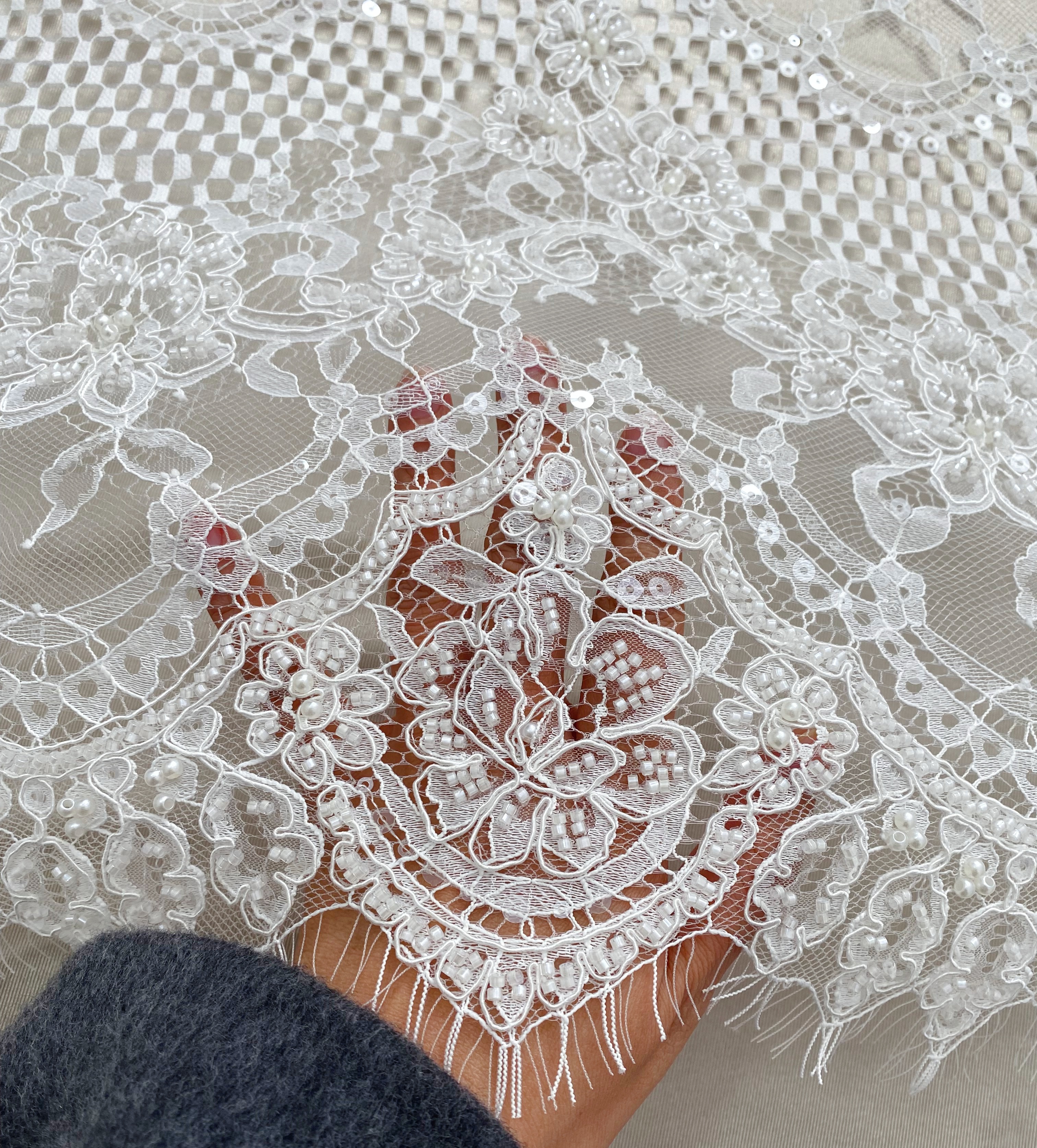 Ivory Beaded Chantilly Lace Fabric for Wedding Dress,Bridal Gown Veil,Sold by 3 Meter