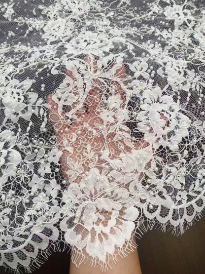 White Cord Beaded Chantilly Lace Fabric for Wedding Dress,Bridal Gown Veil, Pearls Lace with Eyelash Edging,Sold as 3-Meter Piece