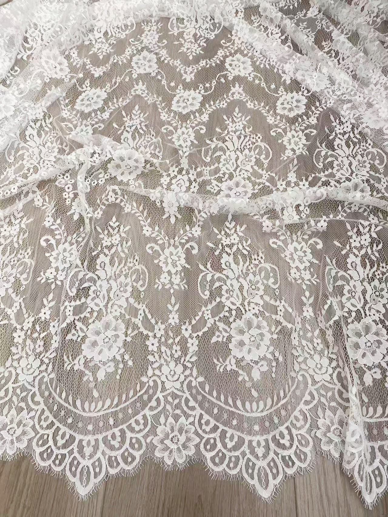 Soft Light French Chantily Eyelash Lace for Wedding Dress, Bridal Gown, Classic Lace Top Overlay, White Lace Fabric DIY Bridal Dress 