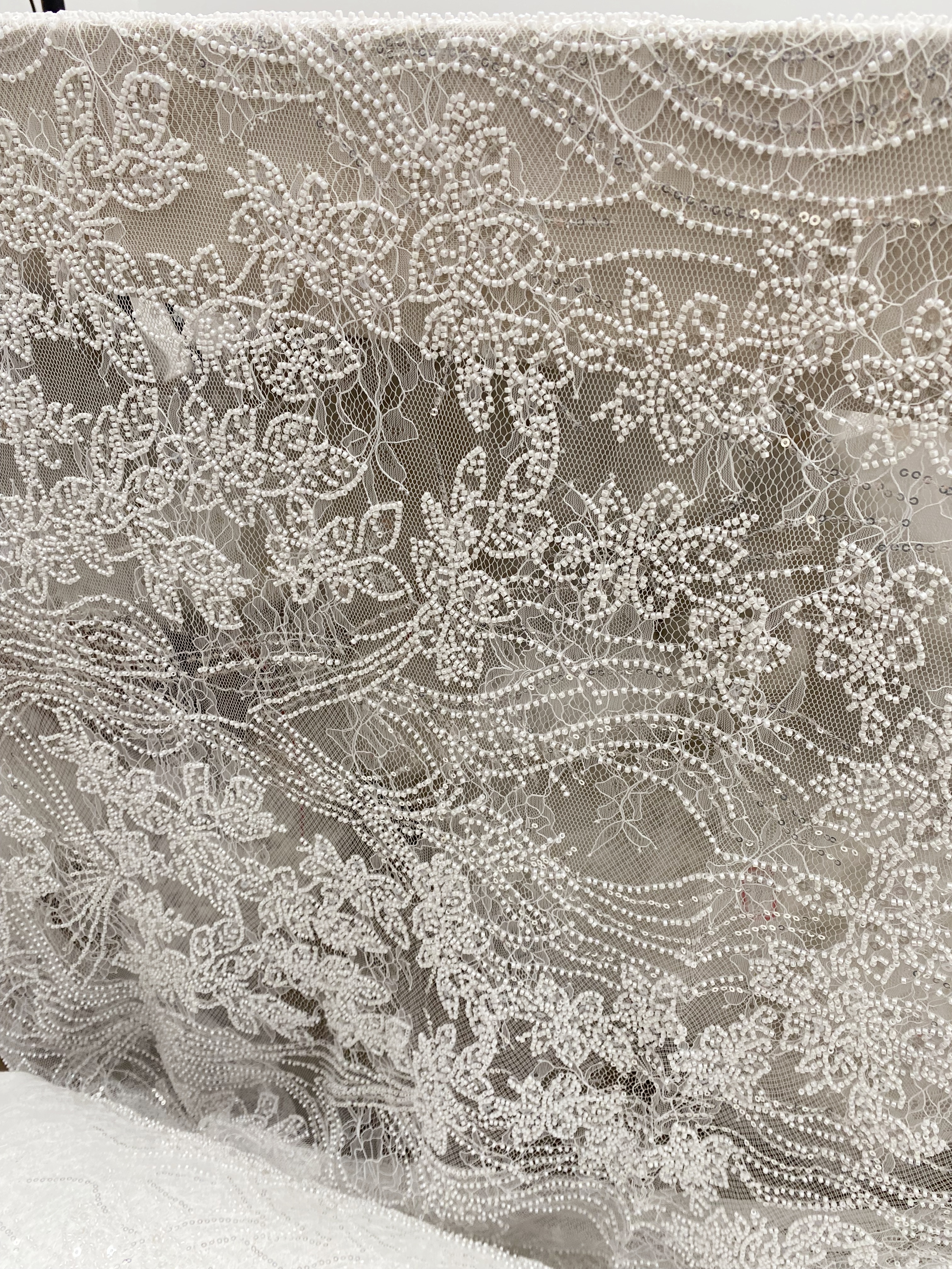 Soft French Chantilly Flower Beaded Lace Fabric, Bridal Wedding Dress Lace, Embroidery Floral Sequin Lace by the Yard