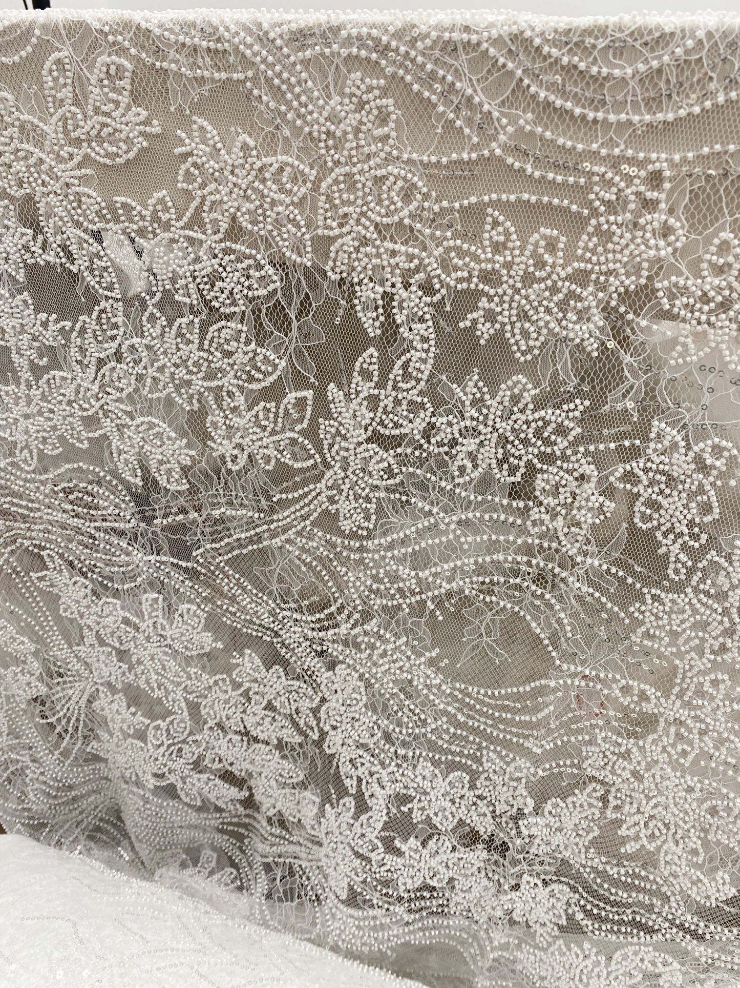 Soft French Chantilly Flower Beaded Lace Fabric, Bridal Wedding Dress Lace, Embroidery Floral Sequin Lace by the Yard