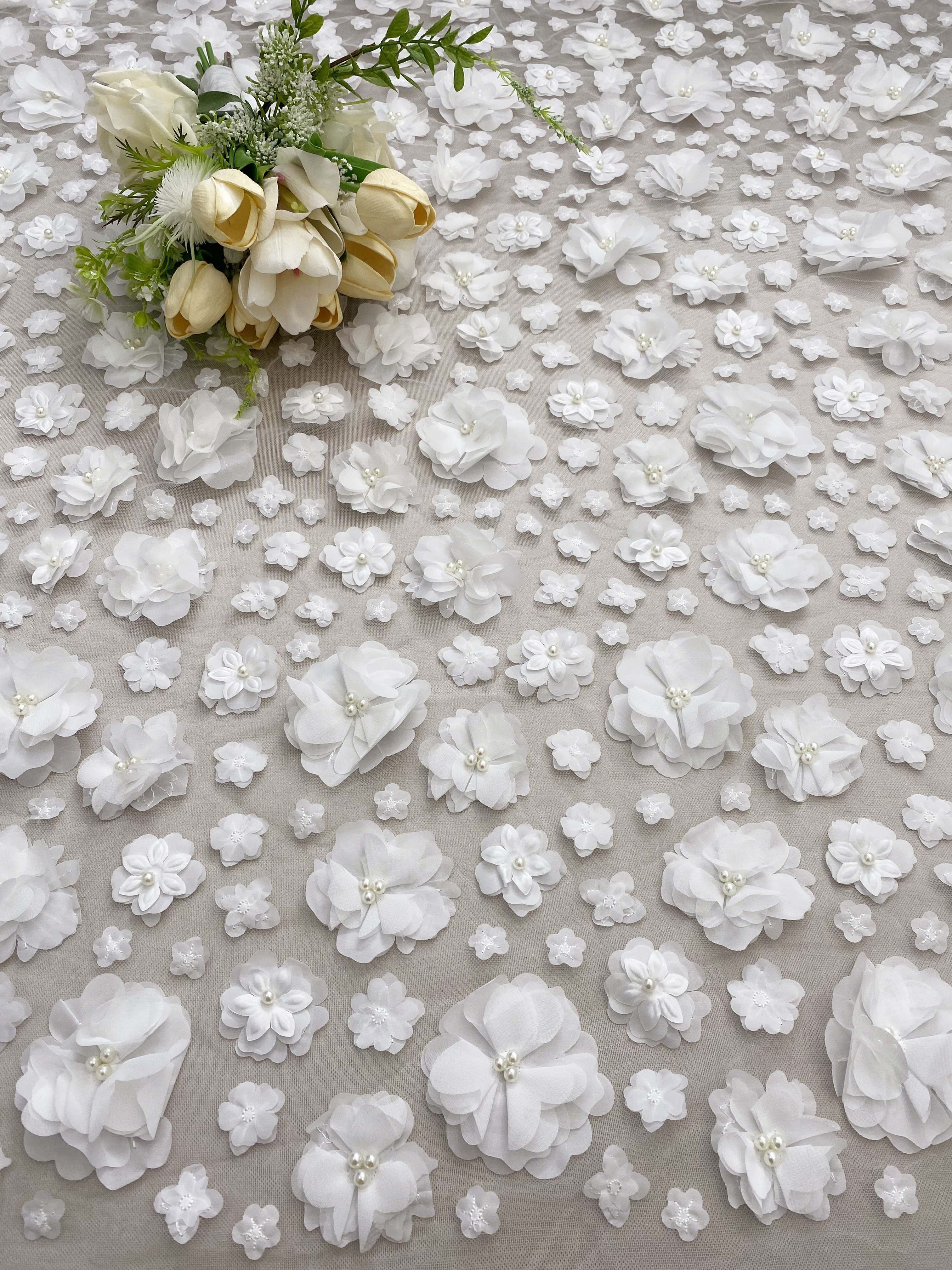 3D Blossom Flowers Mesh Lace Fabric with Pearl Beads | Floral Petals Tulle for Wedding Dresses, Bridal Gowns, Veils & Evening Wear