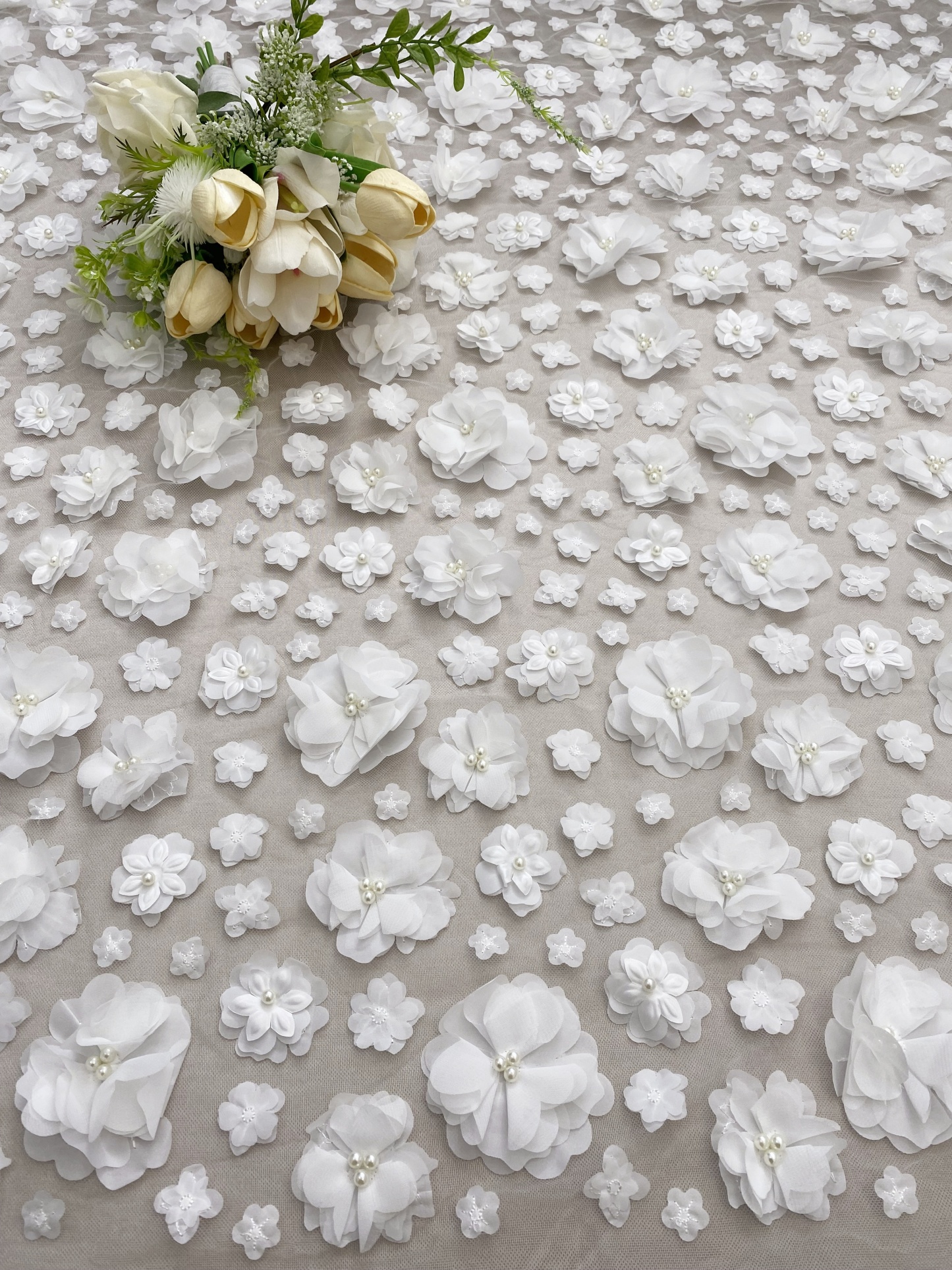 3D Blossom Flowers Mesh Lace Fabric with Pearl Beads | Floral Petals Tulle for Wedding Dresses, Bridal Gowns, Veils & Evening Wear
