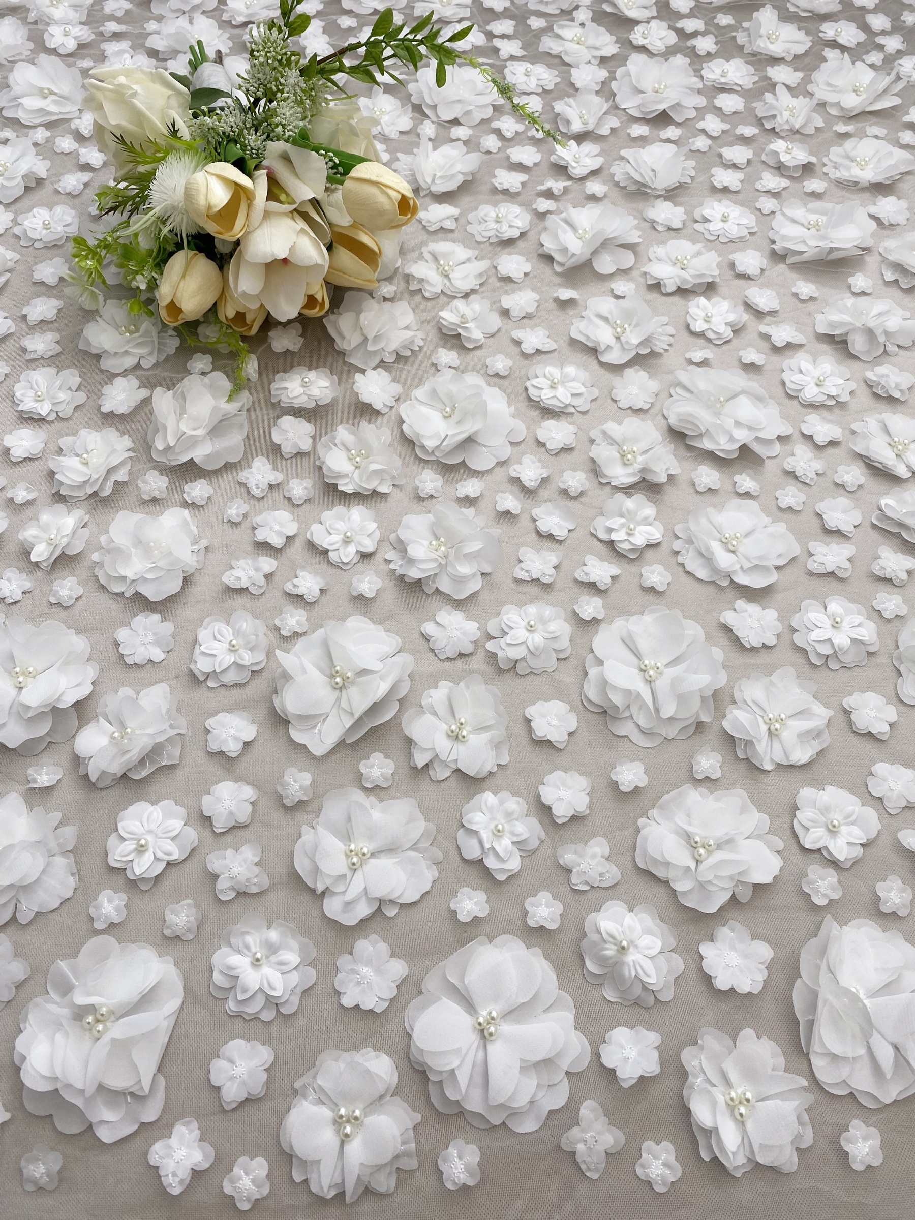 3D Blossom Flowers Mesh Lace Fabric with Pearl Beads | Floral Petals Tulle for Wedding Dresses, Bridal Gowns, Veils & Evening Wear