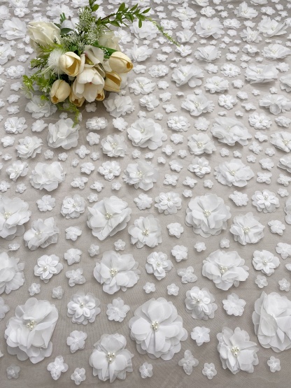 3D Blossom Flowers Mesh Lace Fabric with Pearl Beads | Floral Petals Tulle for Wedding Dresses, Bridal Gowns, Veils & Evening Wear