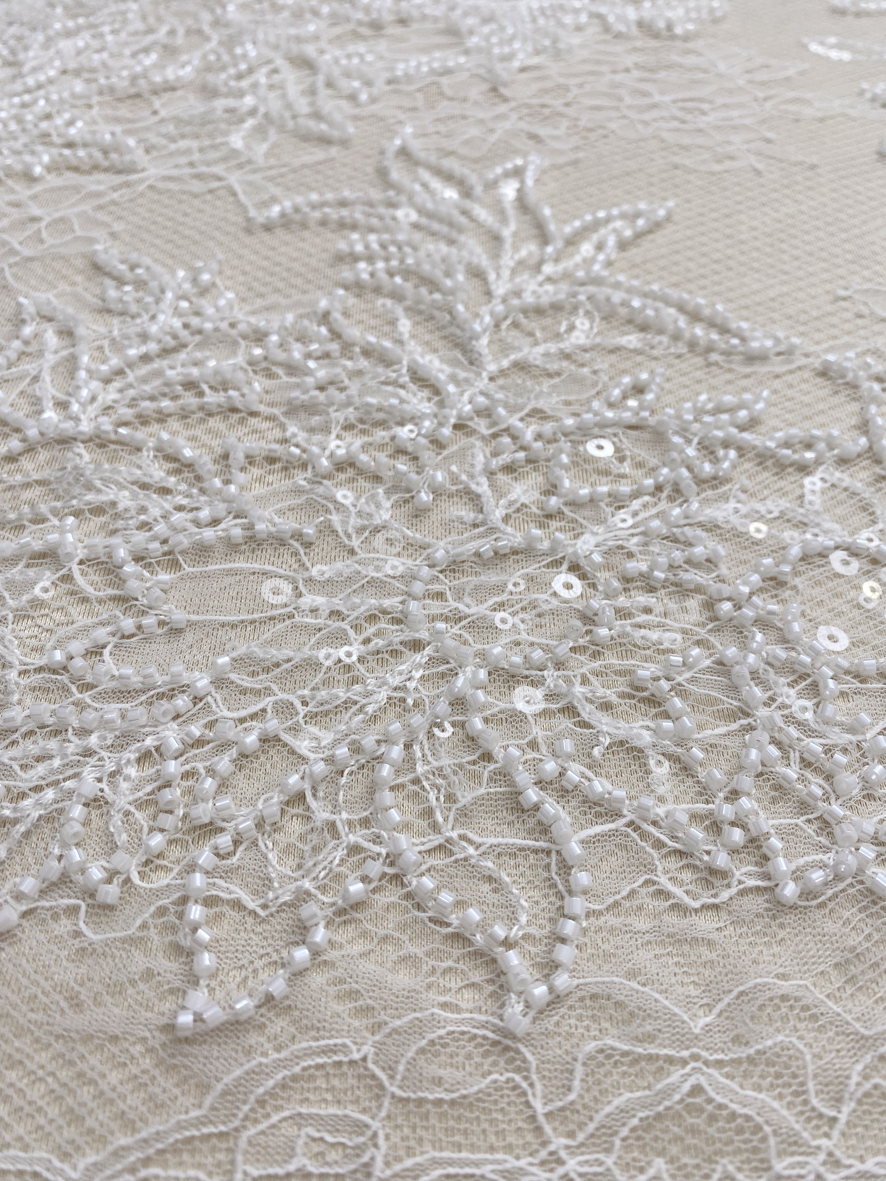 Ivory Floral Beaded Lace Fabric on Soft Mesh, Bridal Embroidery Material for Wedding Gowns, Ball Gowns, Couture, Evening dress