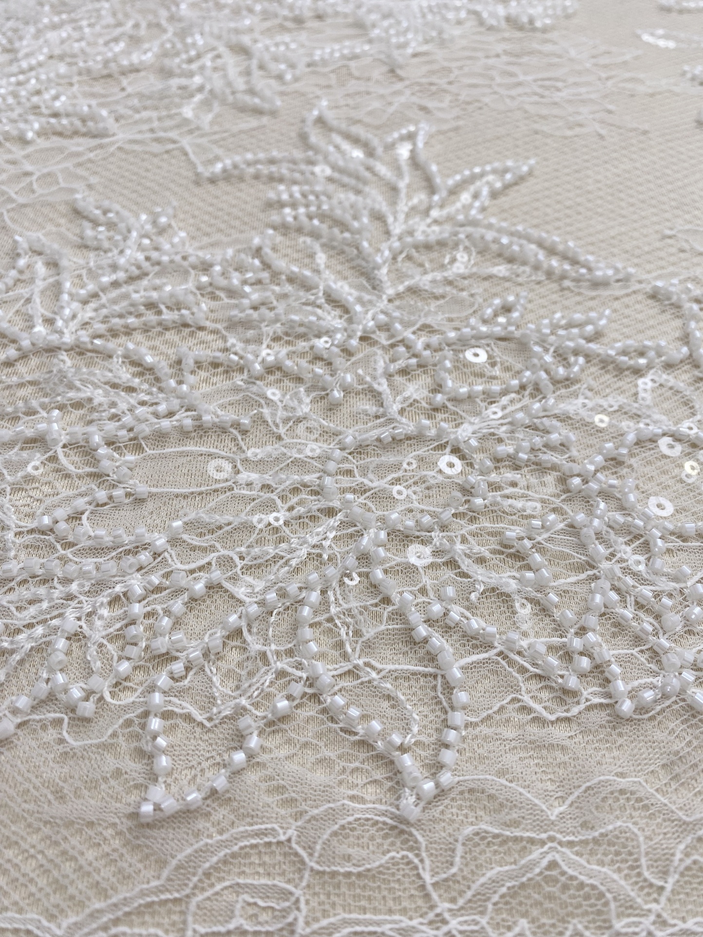 Ivory Floral Beaded Lace Fabric on Soft Mesh, Bridal Embroidery Material for Wedding Gowns, Ball Gowns, Couture, Evening dress