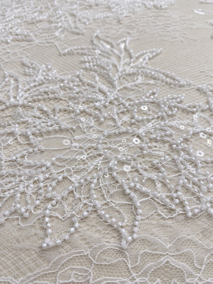 Ivory Floral Beaded Lace Fabric on Soft Mesh, Bridal Embroidery Material for Wedding Gowns, Ball Gowns, Couture, Evening dress