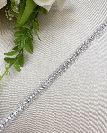Wedding Dress Sash Belt with Silver Rhinestones, Crystal Bead Bridal Belt with Chiffon, Jeweled Party Dress Belt For Bride Bridesmaid