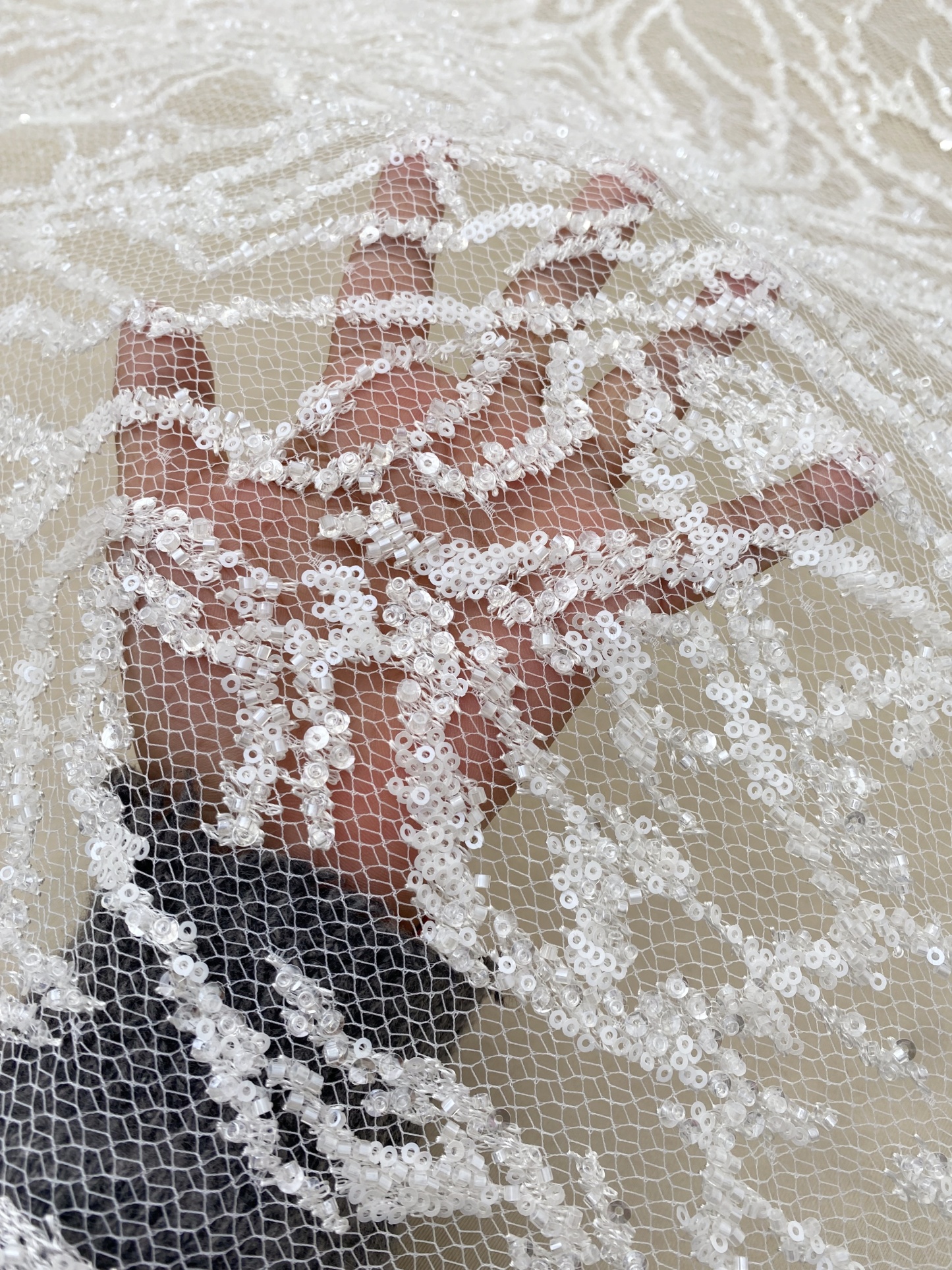 Beaded Tulle Fabric with 3D Dew Drop Effect on Nude Mesh, Wedding Lace with Sequins Bridal Tulle for Gown, Dressmaking Material