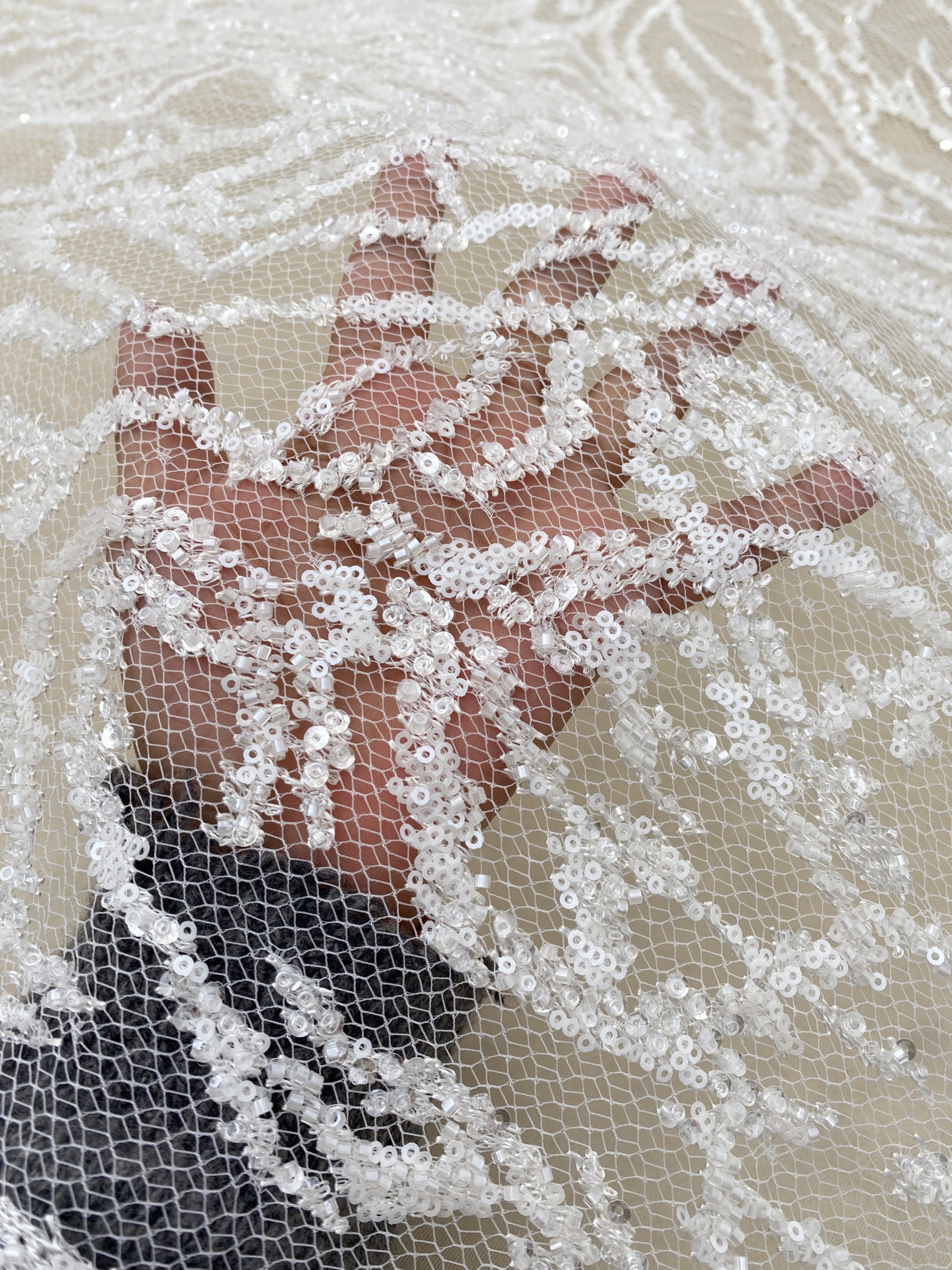 Beaded Tulle Fabric with 3D Dew Drop Effect on Nude Mesh, Wedding Lace with Sequins Bridal Tulle for Gown, Dressmaking Material