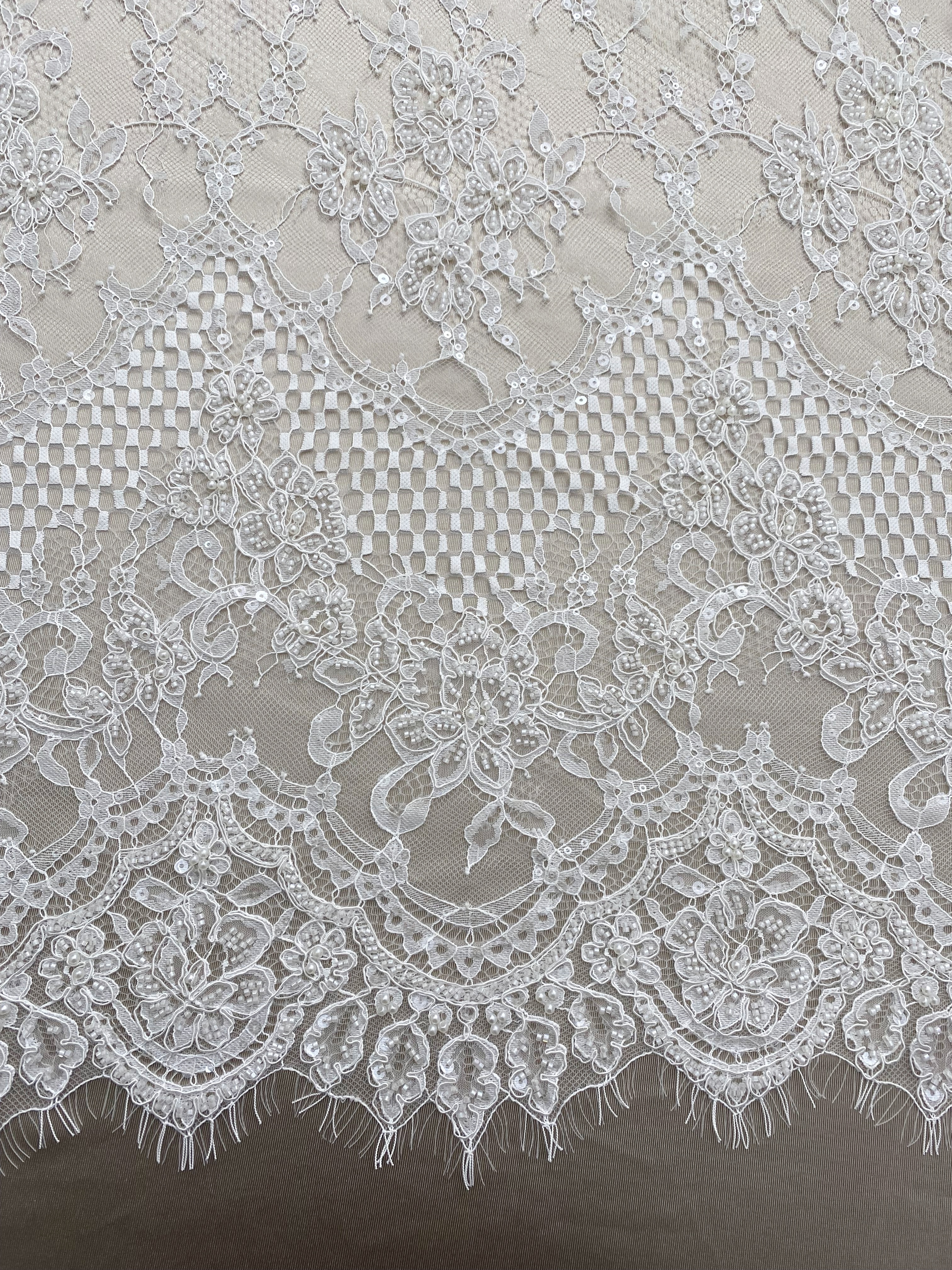 Ivory Beaded Chantilly Lace Fabric for Wedding Dress,Bridal Gown Veil,Sold by 3 Meter
