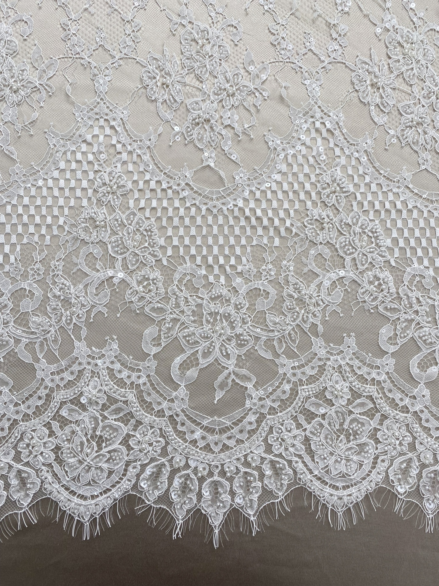 Ivory Beaded Chantilly Lace Fabric for Wedding Dress,Bridal Gown Veil,Sold by 3 Meter