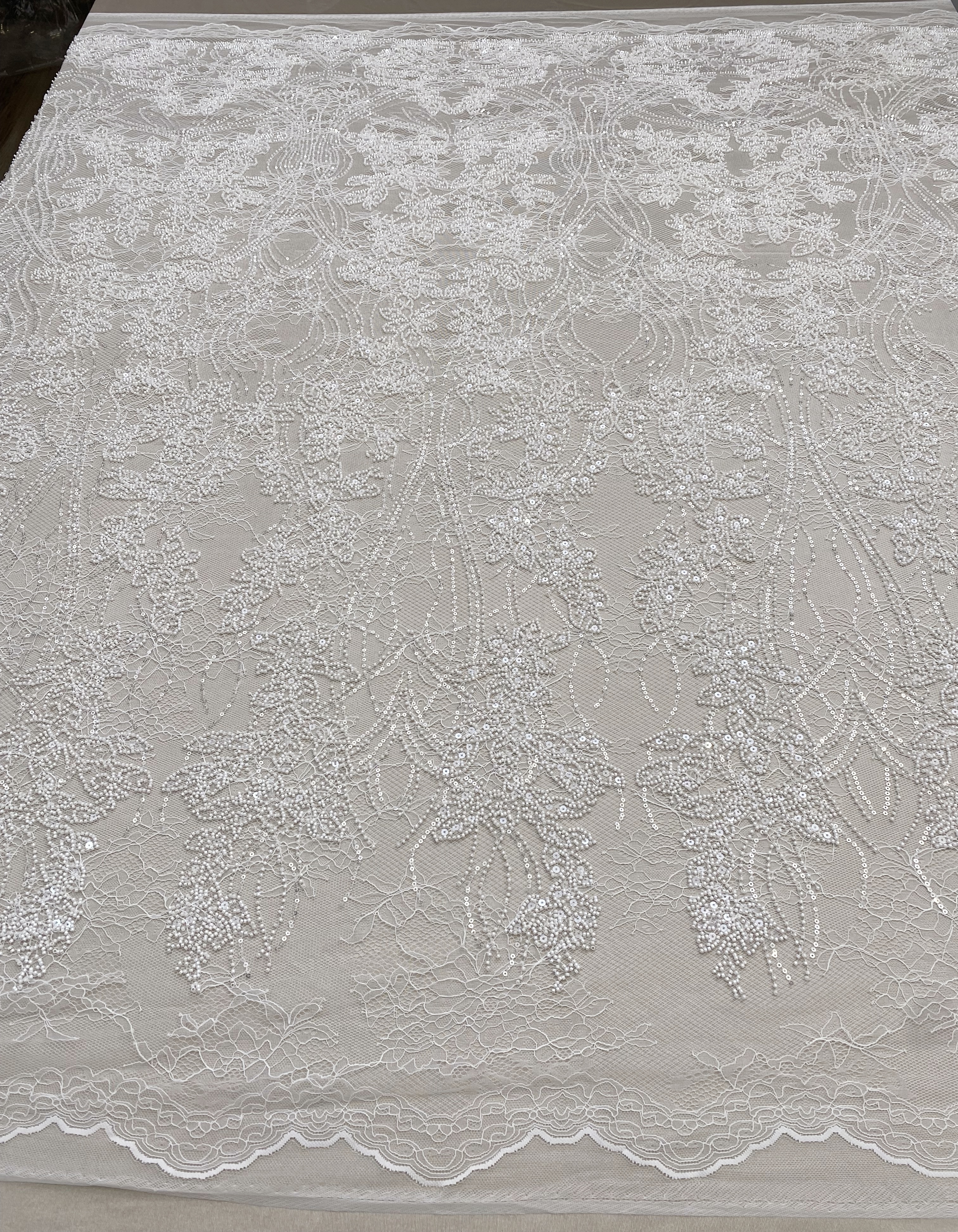 Soft French Chantilly Flower Beaded Lace Fabric, Bridal Wedding Dress Lace, Embroidery Floral Sequin Lace by the Yard