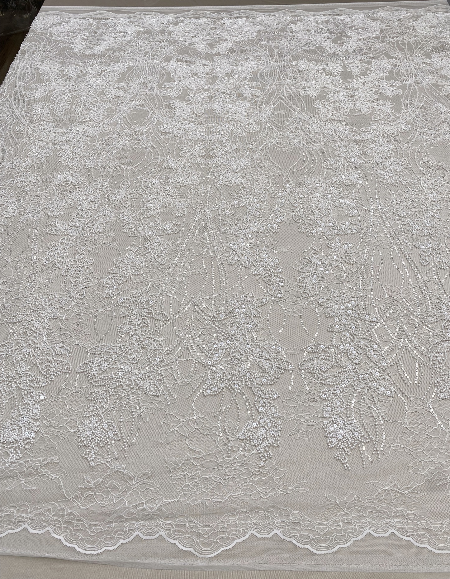Soft French Chantilly Flower Beaded Lace Fabric, Bridal Wedding Dress Lace, Embroidery Floral Sequin Lace by the Yard