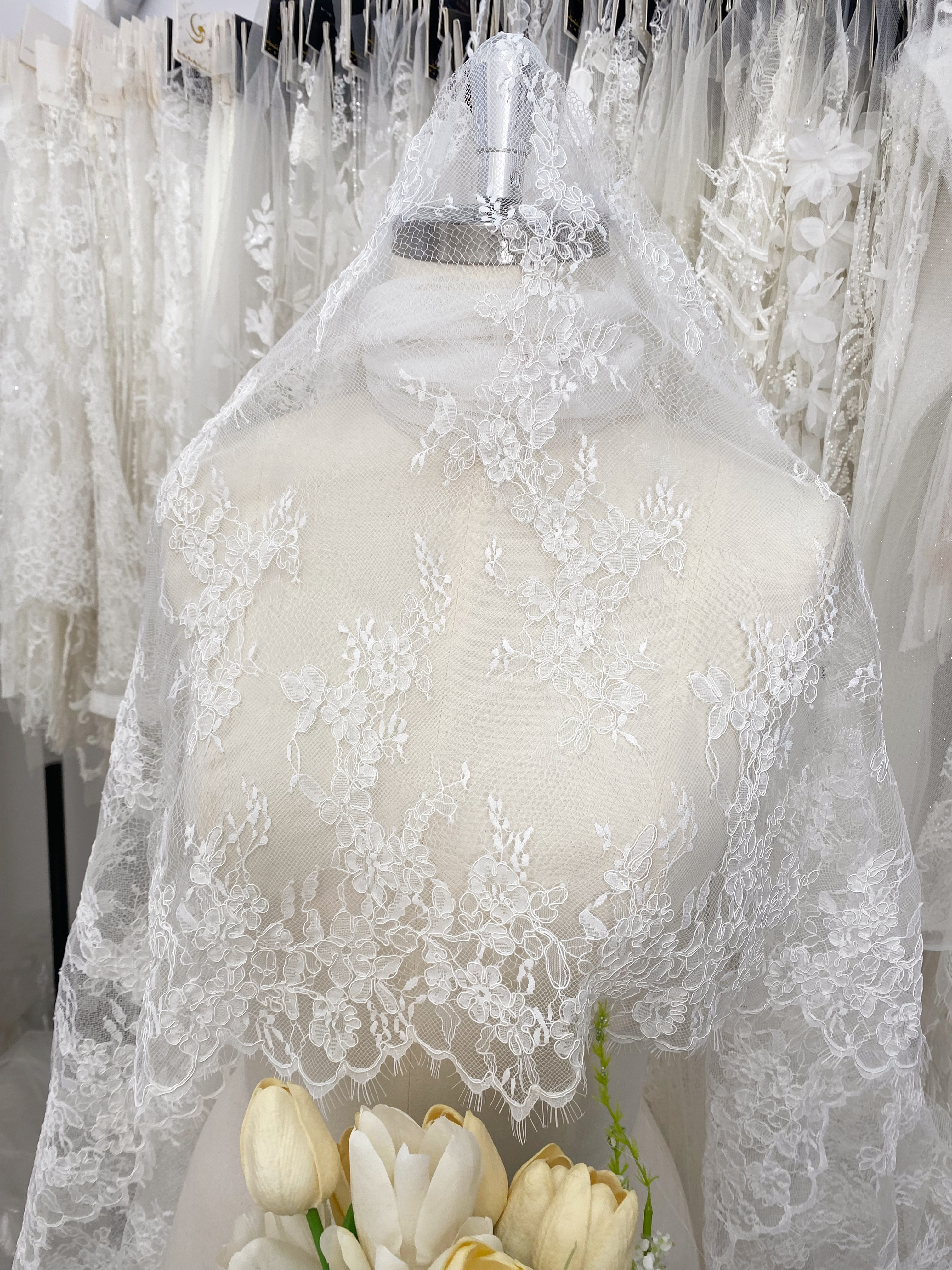 Ivory/Black Chantilly Lace Fabric with Corded for Bridal Gown, Wedding Dress, DIY Sewing, Bridal Weding Eyelash Lace Sold by 3 Meters/piece