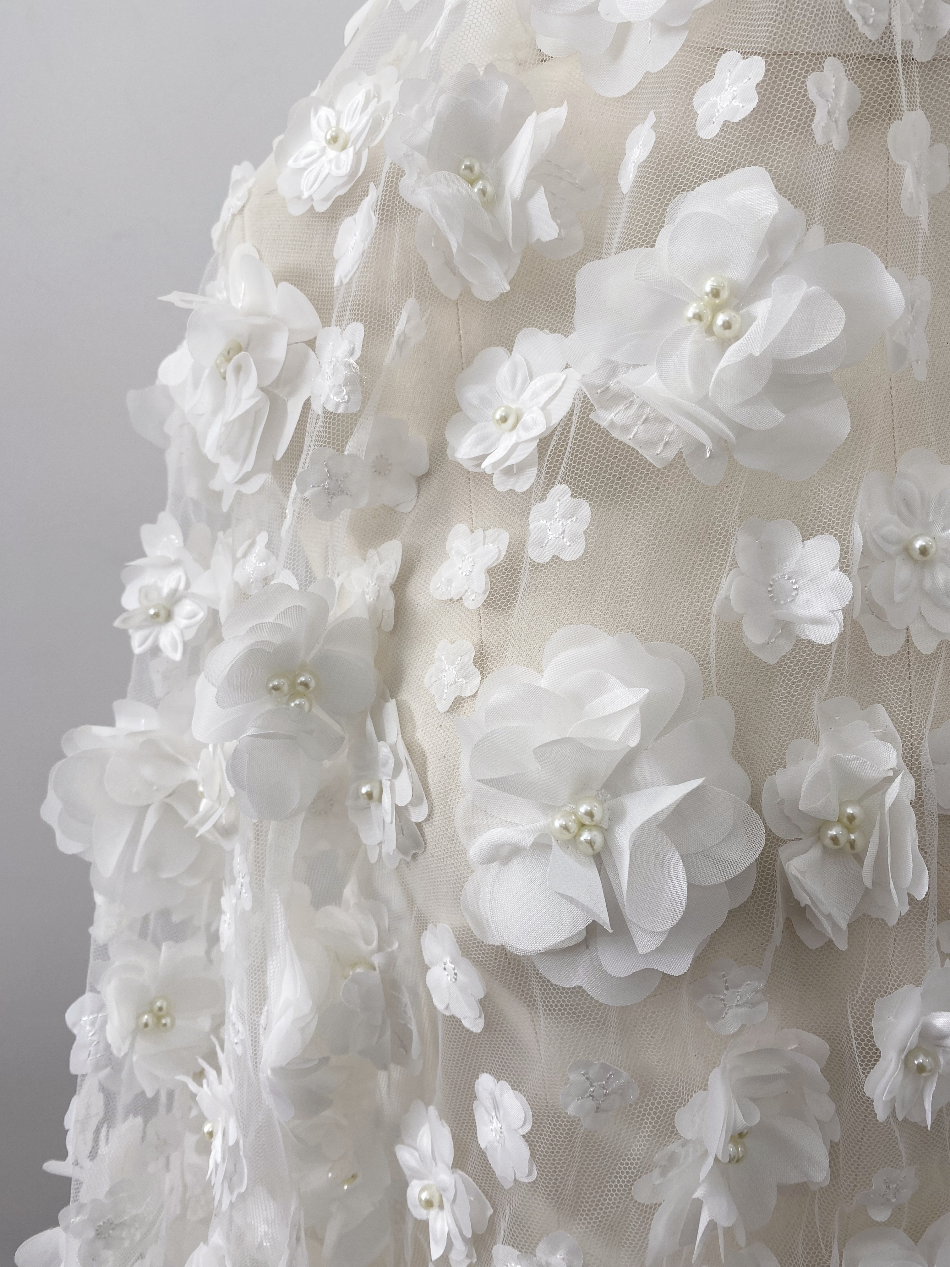 3D Blossom Flowers Mesh Lace Fabric with Pearl Beads | Floral Petals Tulle for Wedding Dresses, Bridal Gowns, Veils & Evening Wear