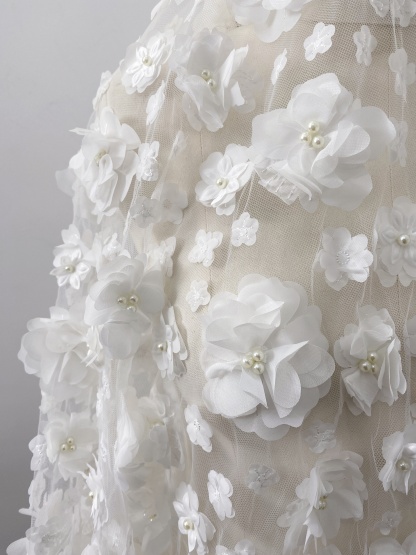 3D Blossom Flowers Mesh Lace Fabric with Pearl Beads | Floral Petals Tulle for Wedding Dresses, Bridal Gowns, Veils & Evening Wear