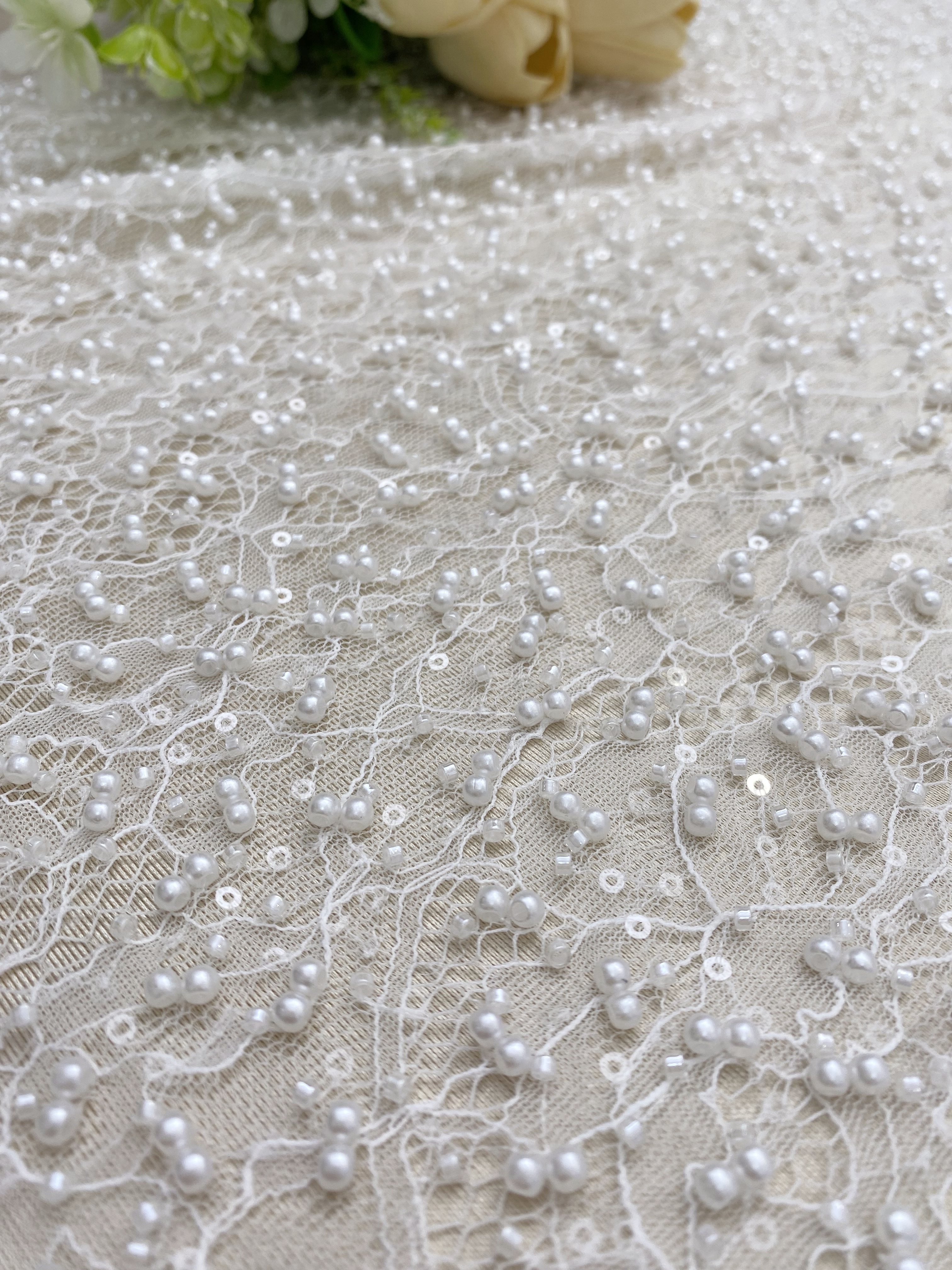 Ivory Heavy  Bead Embroidery Lace with Pearl Sequin, Pearls Lace Fabric for Wedding Gown Bridal Dress,  Sold by the Yard