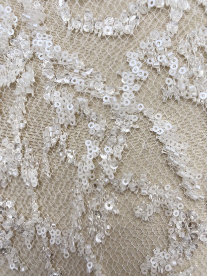 Beaded Tulle Fabric with 3D Dew Drop Effect on Nude Mesh, Wedding Lace with Sequins Bridal Tulle for Gown, Dressmaking Material