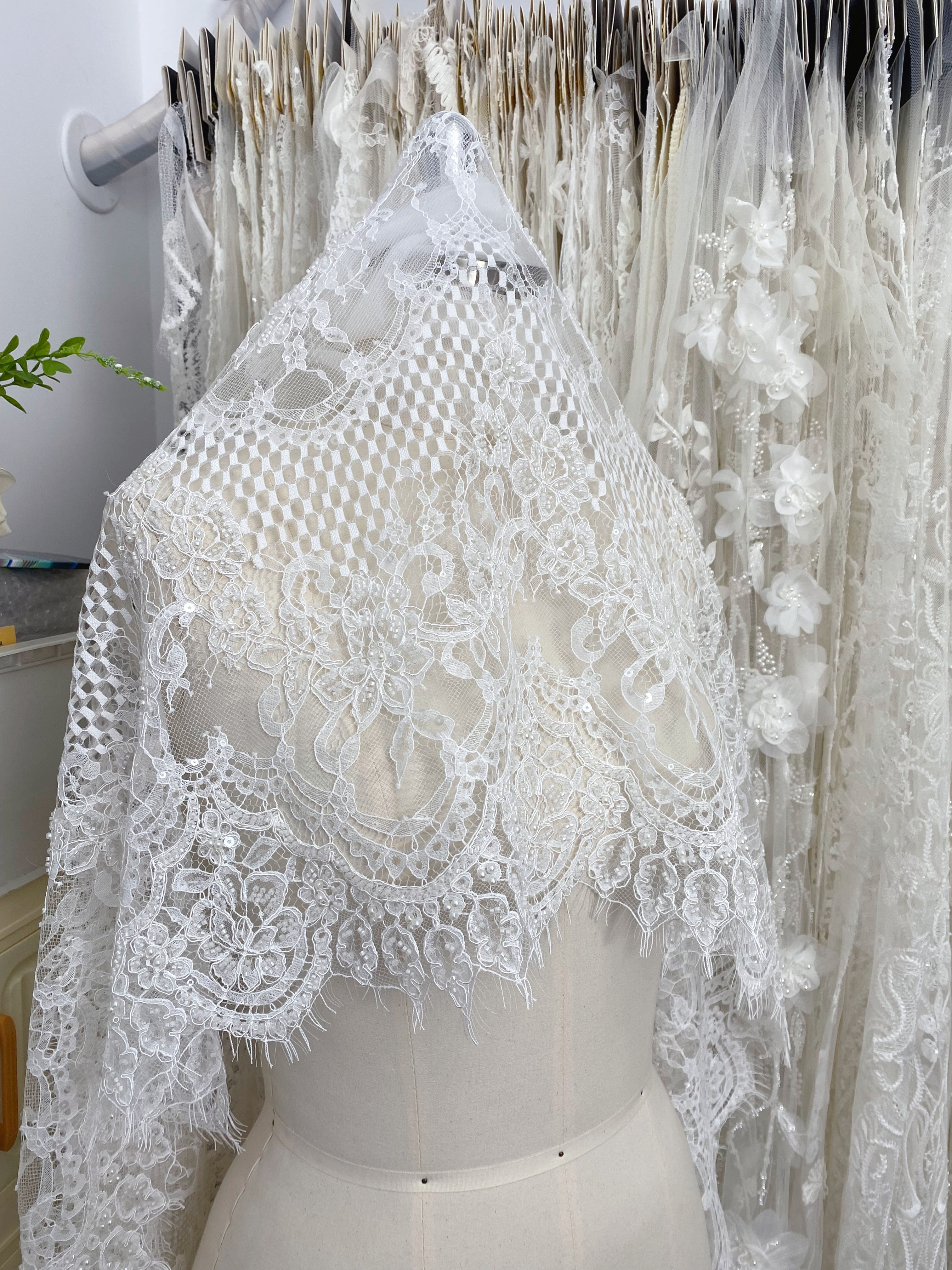 Ivory Beaded Chantilly Lace Fabric for Wedding Dress,Bridal Gown Veil,Sold by 3 Meter