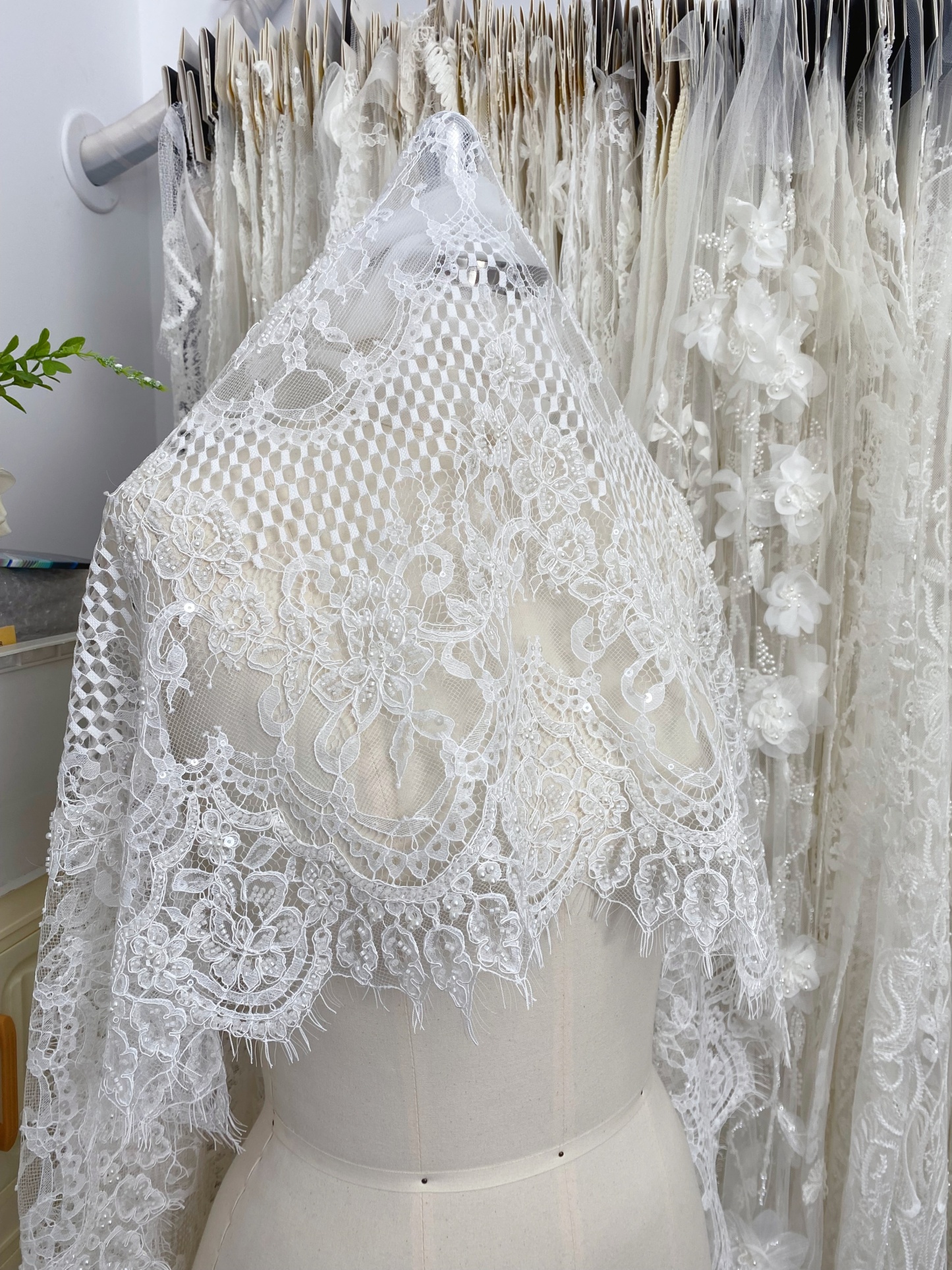 Ivory Beaded Chantilly Lace Fabric for Wedding Dress,Bridal Gown Veil,Sold by 3 Meter