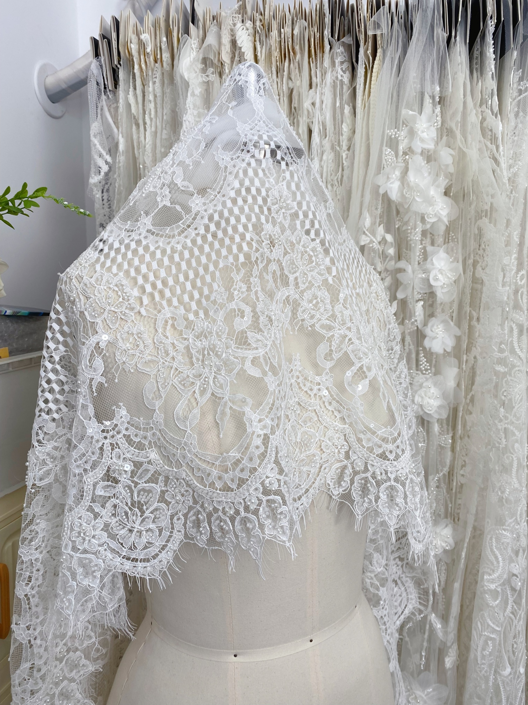 Ivory Beaded Chantilly Lace Fabric for Wedding Dress,Bridal Gown Veil,Sold by 3 Meter