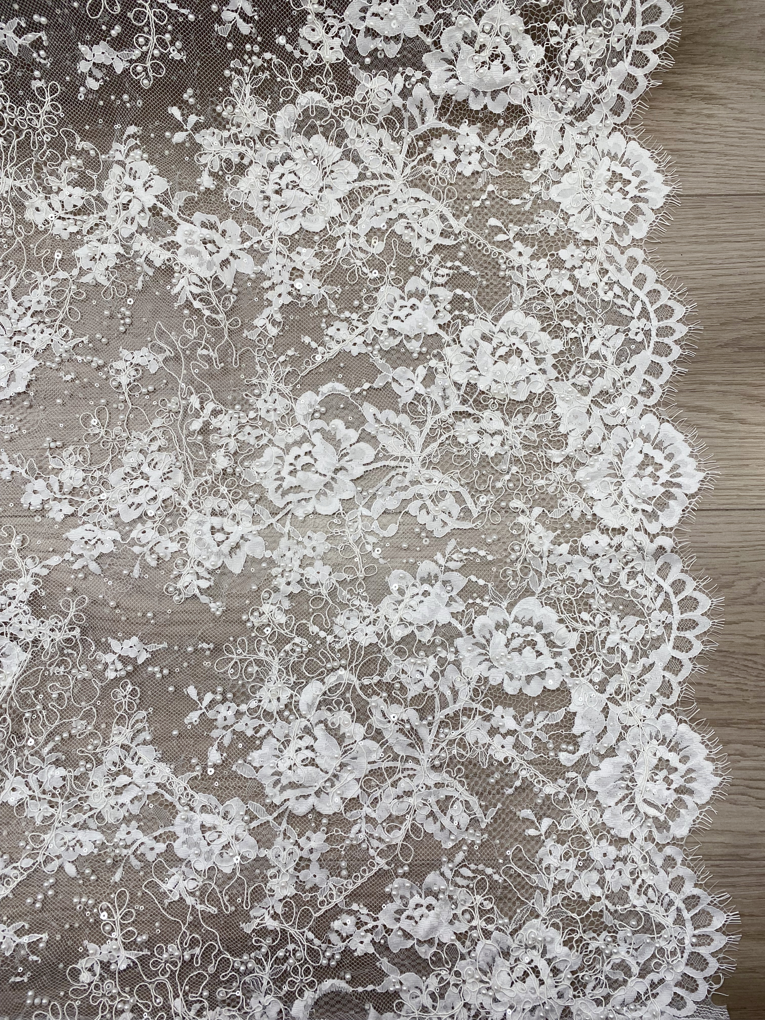 White Cord Beaded Chantilly Lace Fabric for Wedding Dress,Bridal Gown Veil, Pearls Lace with Eyelash Edging,Sold as 3-Meter Piece