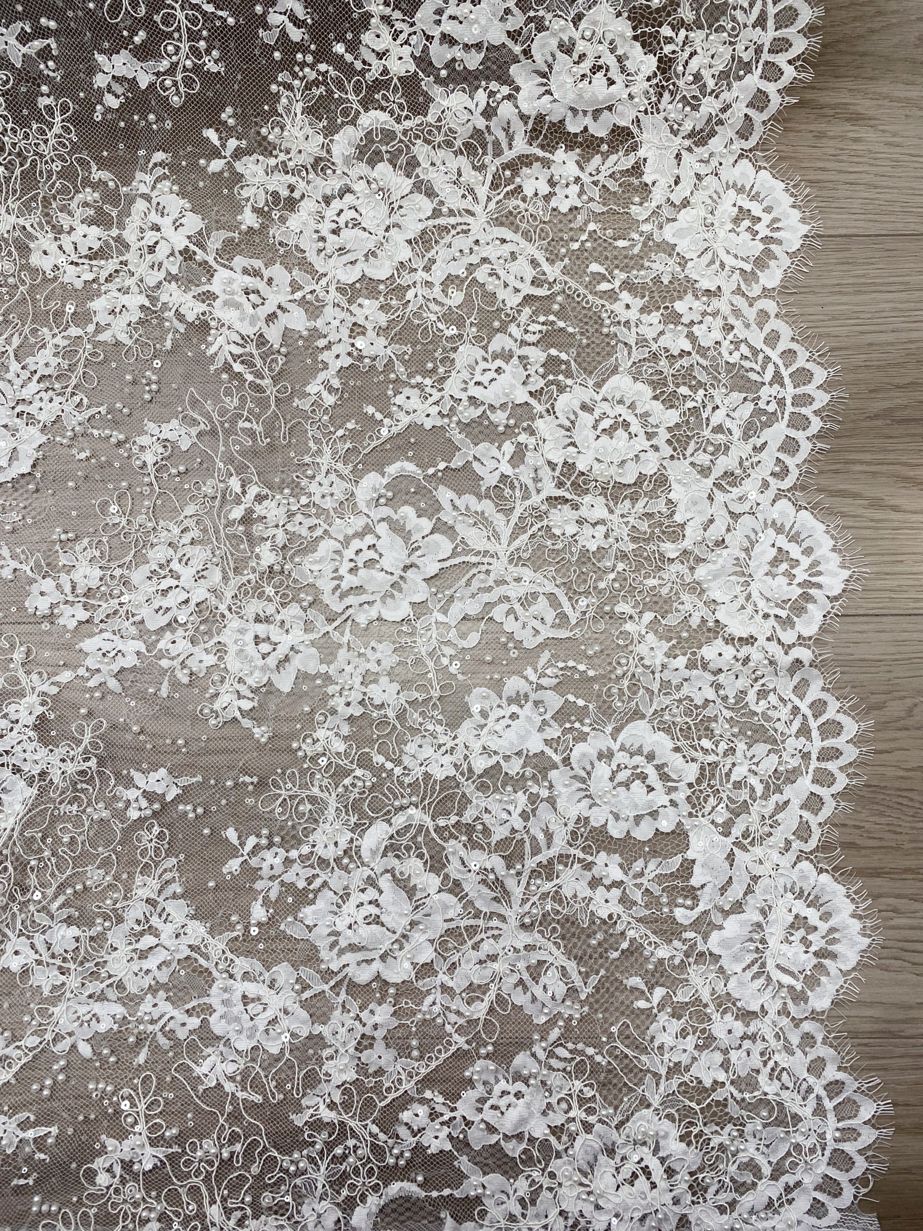 White Cord Beaded Chantilly Lace Fabric for Wedding Dress,Bridal Gown Veil, Pearls Lace with Eyelash Edging,Sold as 3-Meter Piece