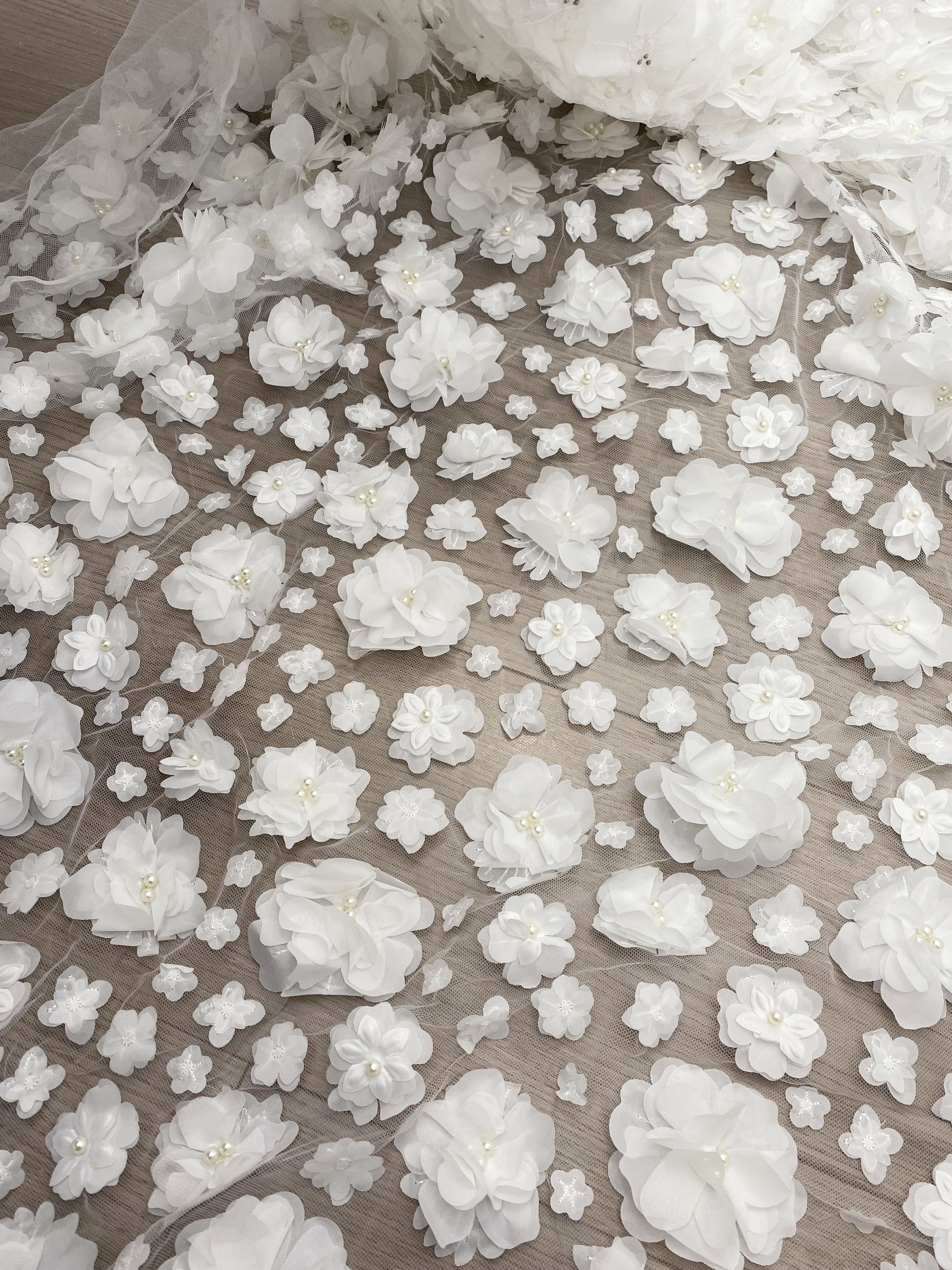 3D Blossom Flowers Mesh Lace Fabric with Pearl Beads | Floral Petals Tulle for Wedding Dresses, Bridal Gowns, Veils & Evening Wear