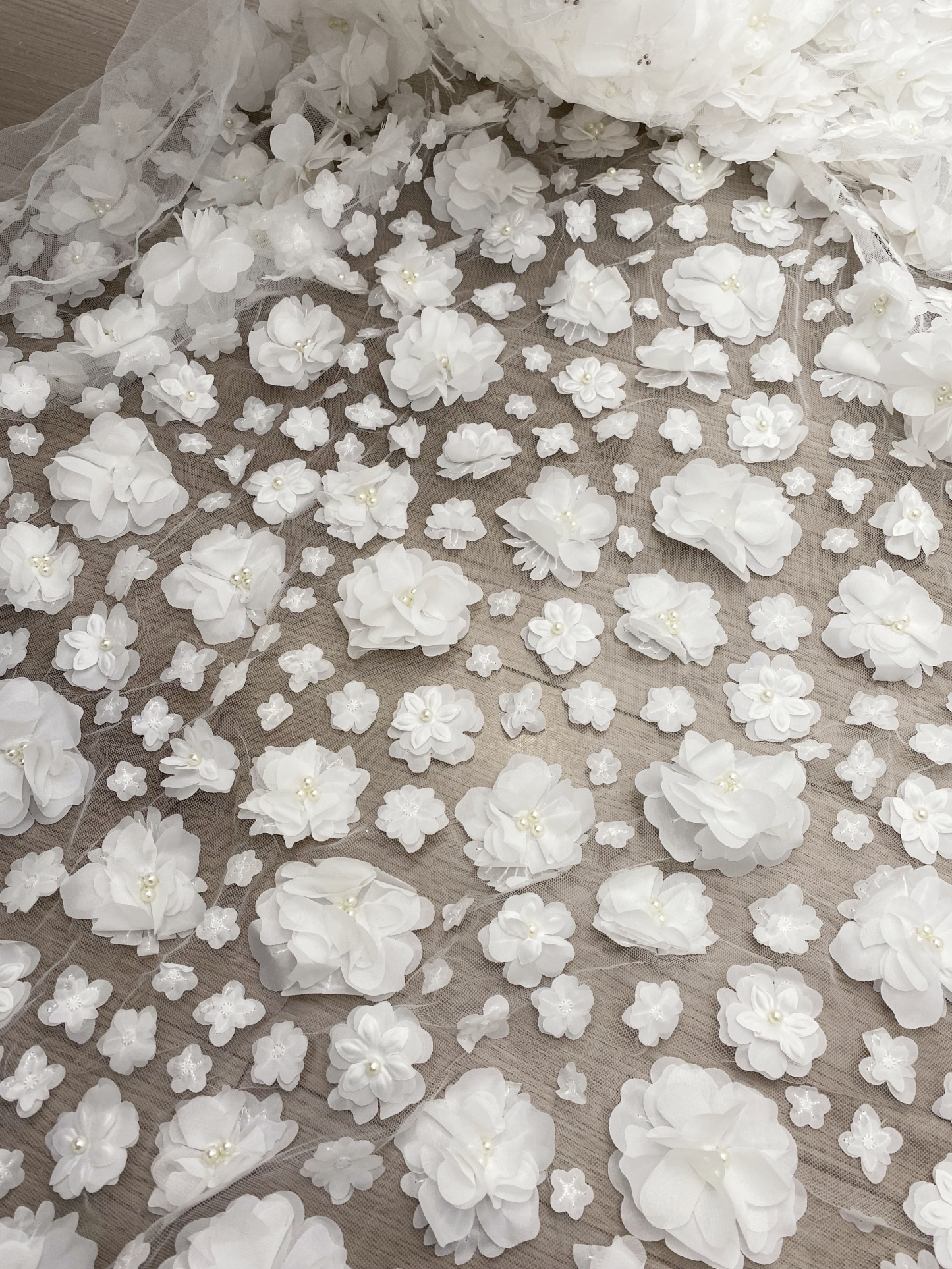 3D Blossom Flowers Mesh Lace Fabric with Pearl Beads | Floral Petals Tulle for Wedding Dresses, Bridal Gowns, Veils & Evening Wear