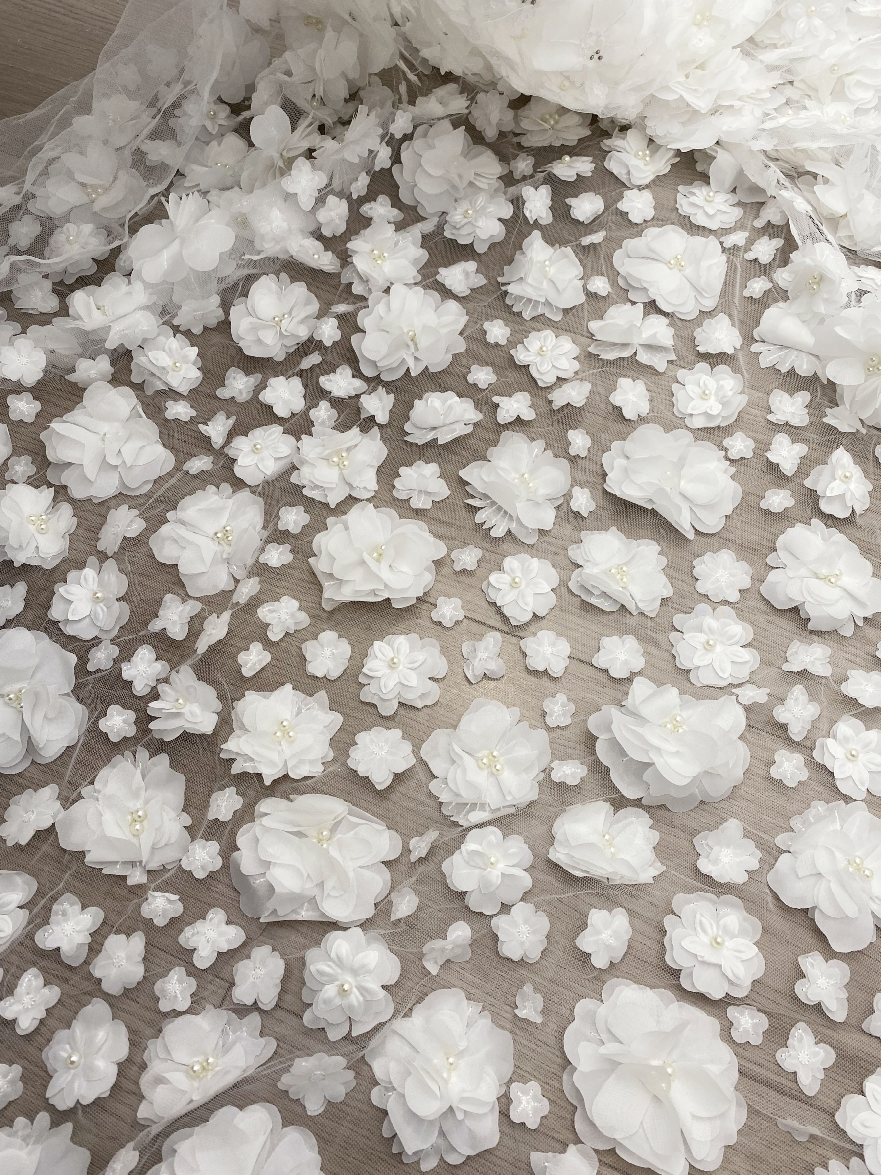 3D Blossom Flowers Mesh Lace Fabric with Pearl Beads | Floral Petals Tulle for Wedding Dresses, Bridal Gowns, Veils & Evening Wear