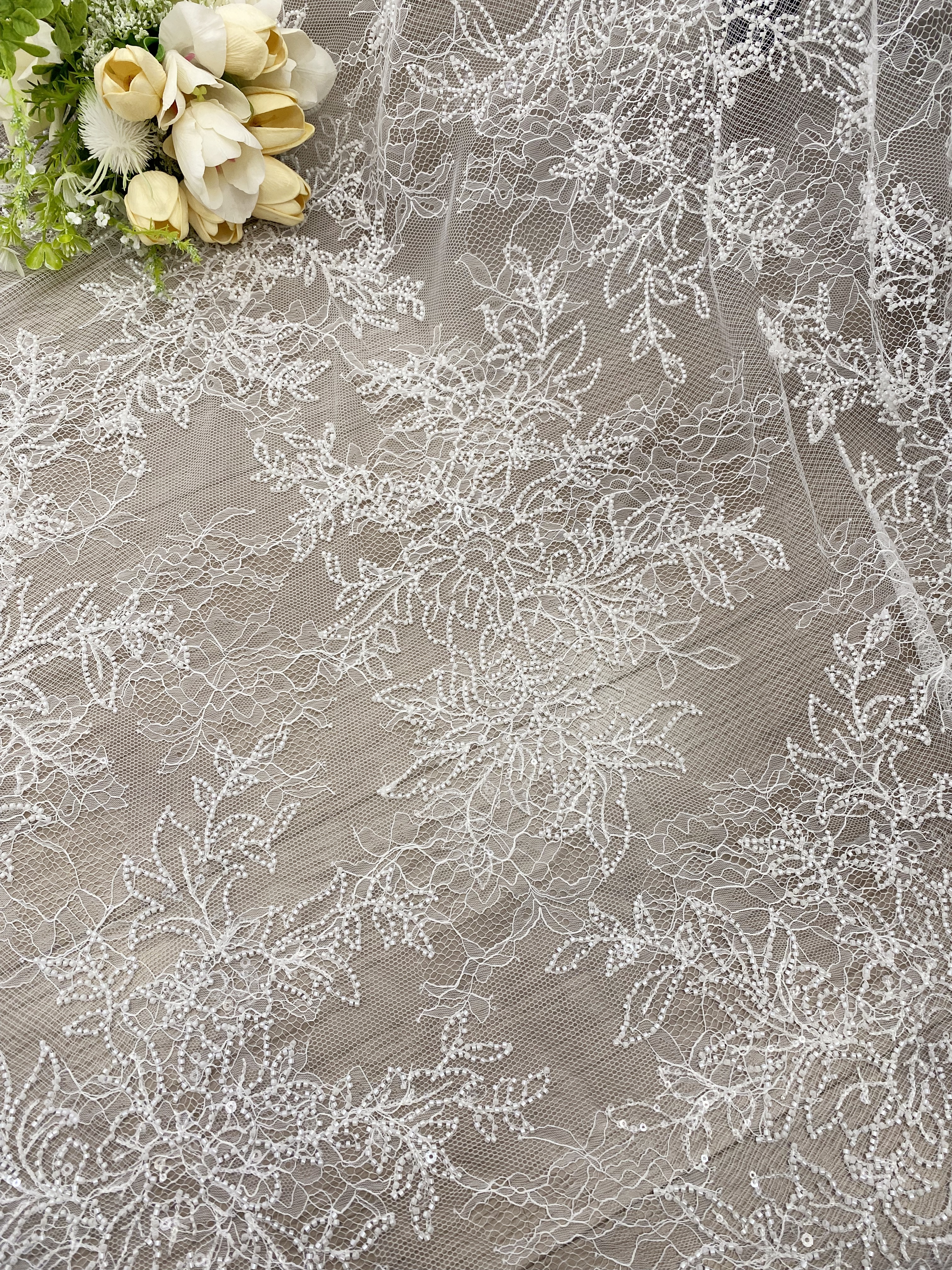 Ivory Floral Beaded Lace Fabric on Soft Mesh, Bridal Embroidery Material for Wedding Gowns, Ball Gowns, Couture, Evening dress