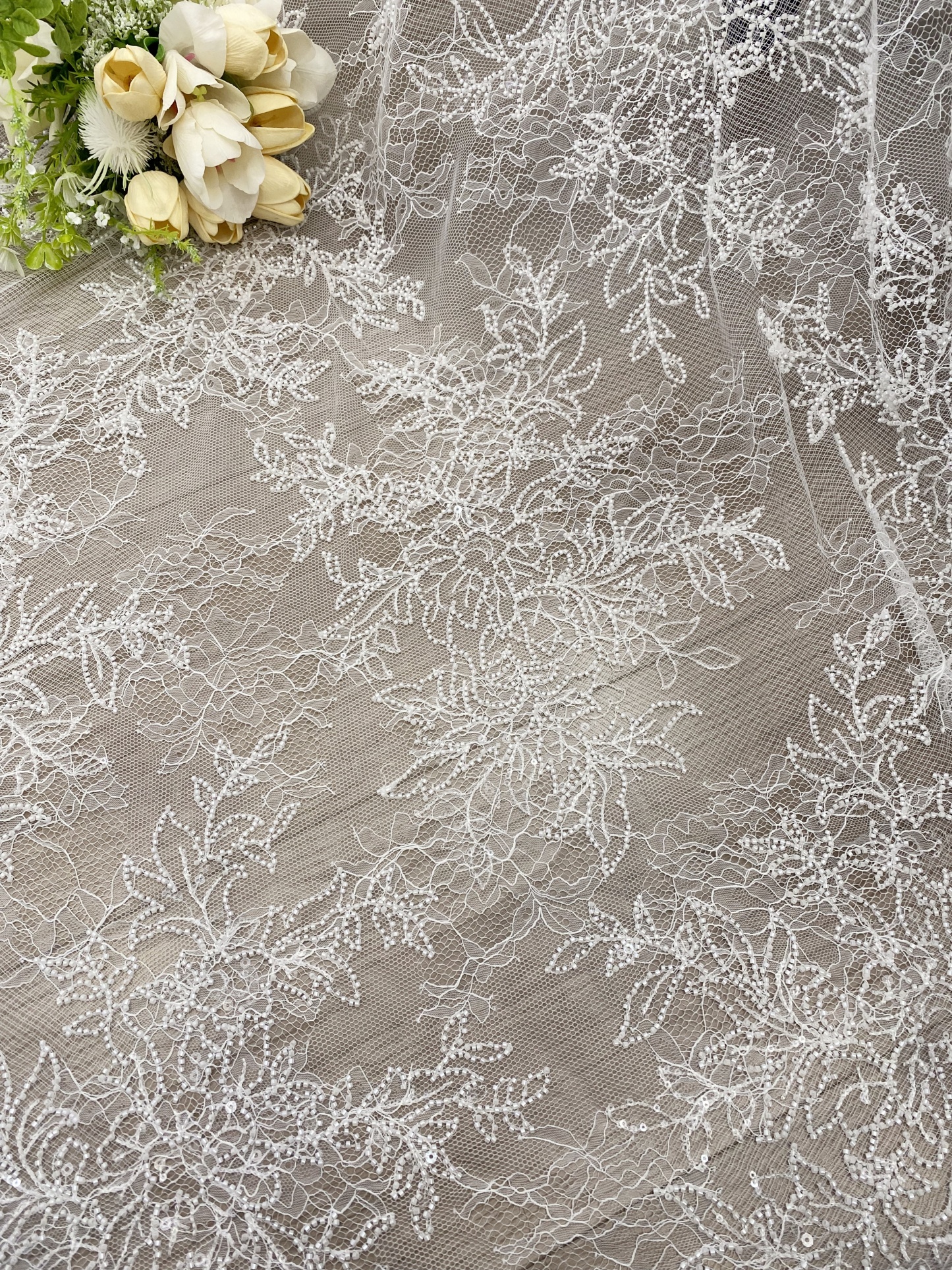 Ivory Floral Beaded Lace Fabric on Soft Mesh, Bridal Embroidery Material for Wedding Gowns, Ball Gowns, Couture, Evening dress