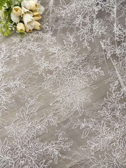 Ivory Floral Beaded Lace Fabric on Soft Mesh, Bridal Embroidery Material for Wedding Gowns, Ball Gowns, Couture, Evening dress