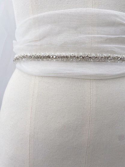Wedding Dress Sash Belt with Silver Rhinestones, Crystal Bead Bridal Belt with Chiffon, Jeweled Party Dress Belt For Bride Bridesmaid