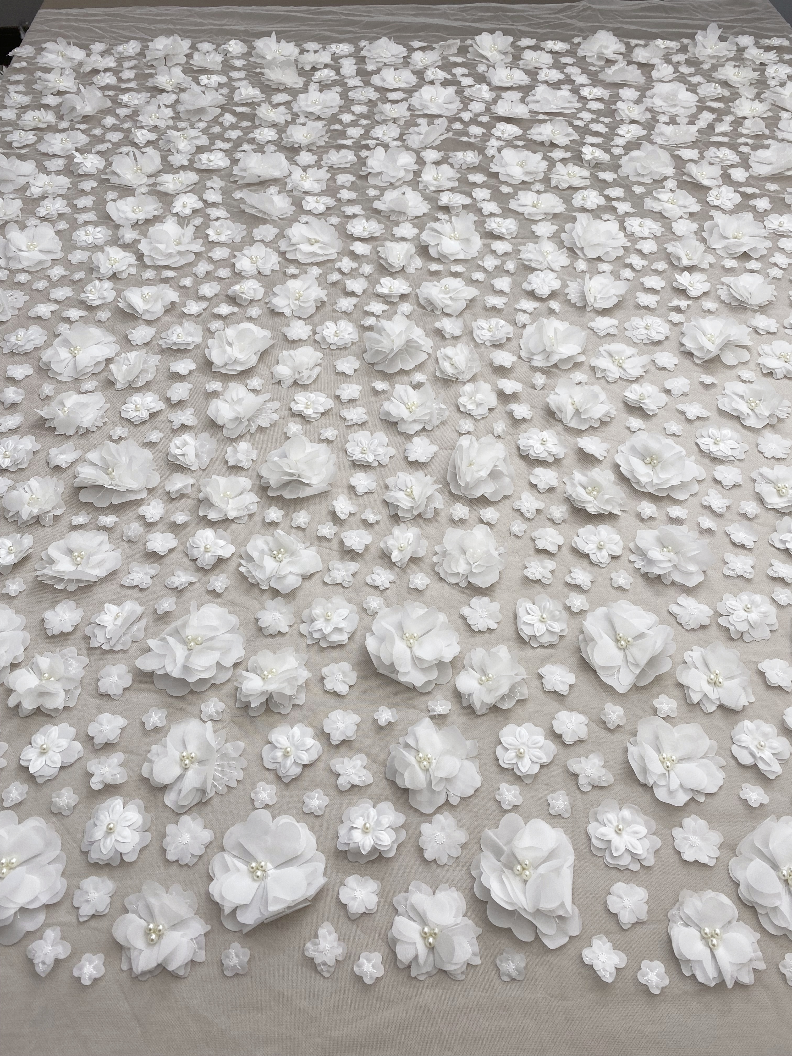 3D Blossom Flowers Mesh Lace Fabric with Pearl Beads | Floral Petals Tulle for Wedding Dresses, Bridal Gowns, Veils & Evening Wear