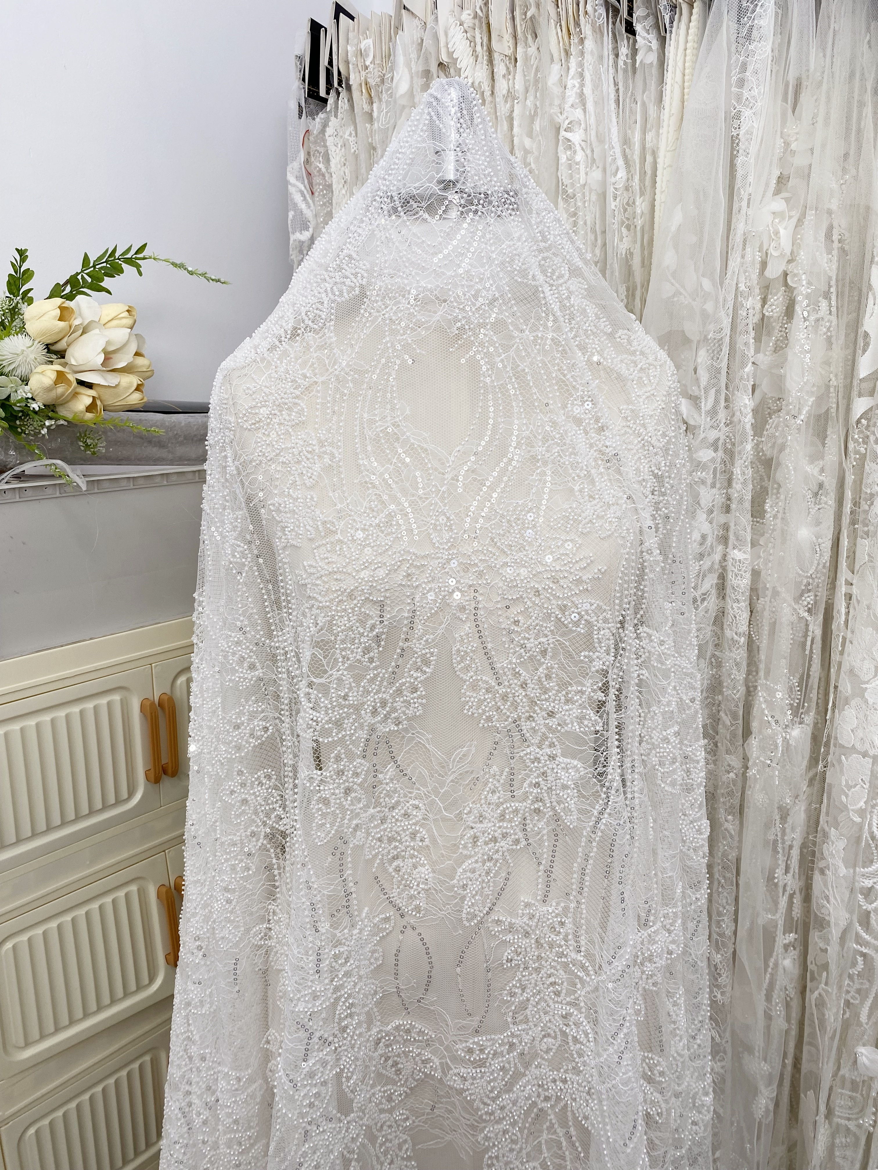 Soft French Chantilly Flower Beaded Lace Fabric, Bridal Wedding Dress Lace, Embroidery Floral Sequin Lace by the Yard