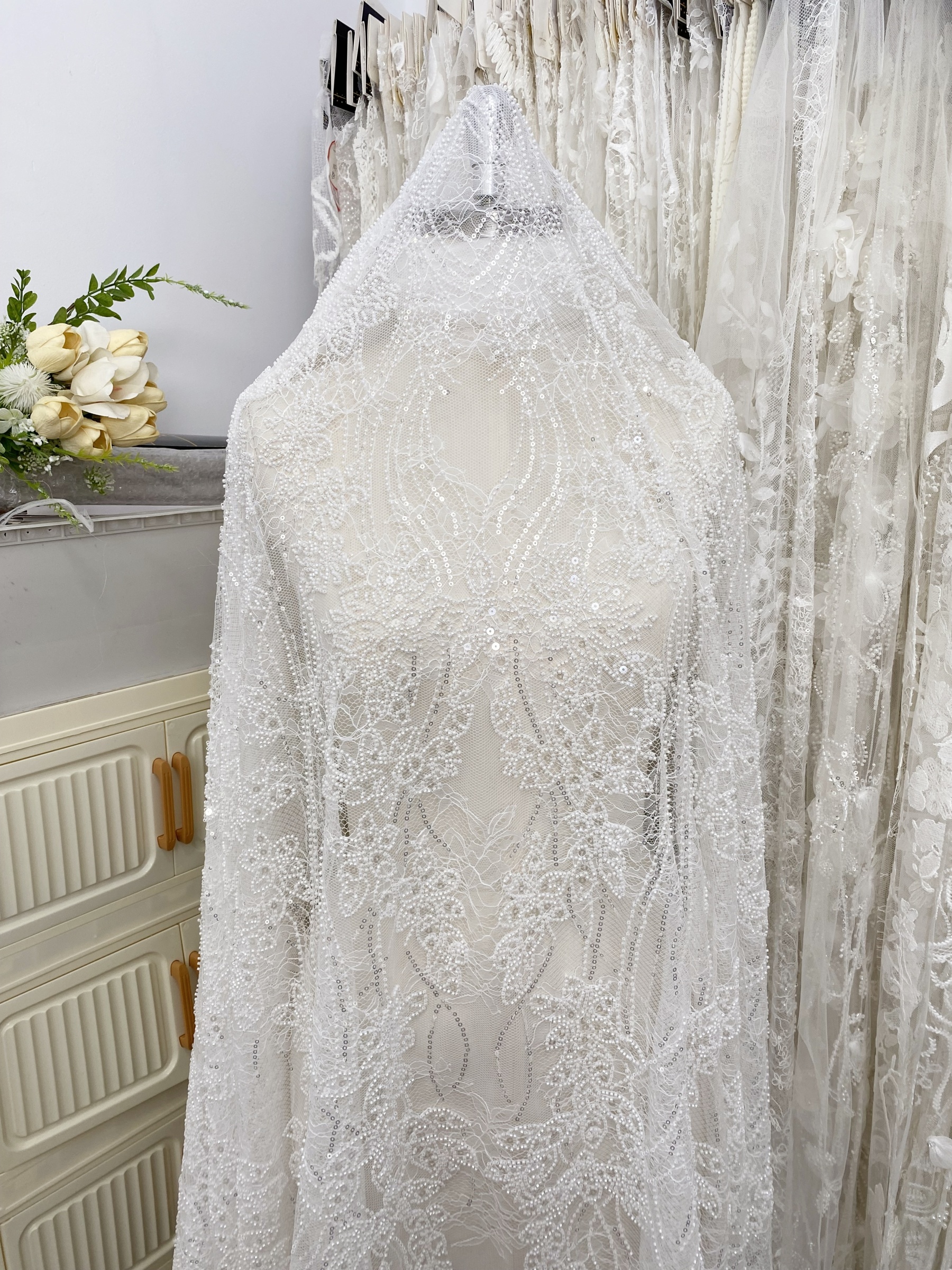 Soft French Chantilly Flower Beaded Lace Fabric, Bridal Wedding Dress Lace, Embroidery Floral Sequin Lace by the Yard