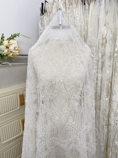 Soft French Chantilly Flower Beaded Lace Fabric, Bridal Wedding Dress Lace, Embroidery Floral Sequin Lace by the Yard