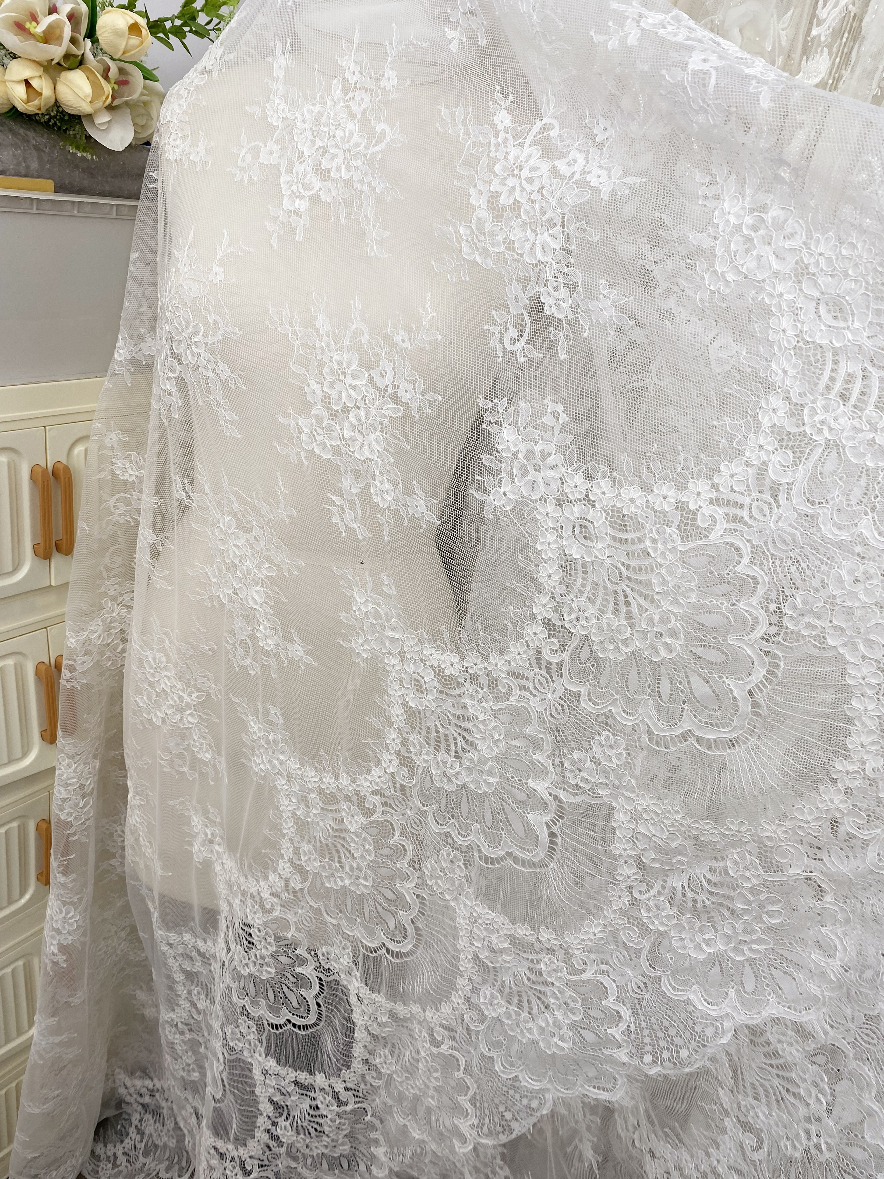 3 Meters French Chantilly Lace Fabric with Corded and Eyelash, Floral Embroidery Lace Scallop Edges for Bridal Wedding Dress, Veil