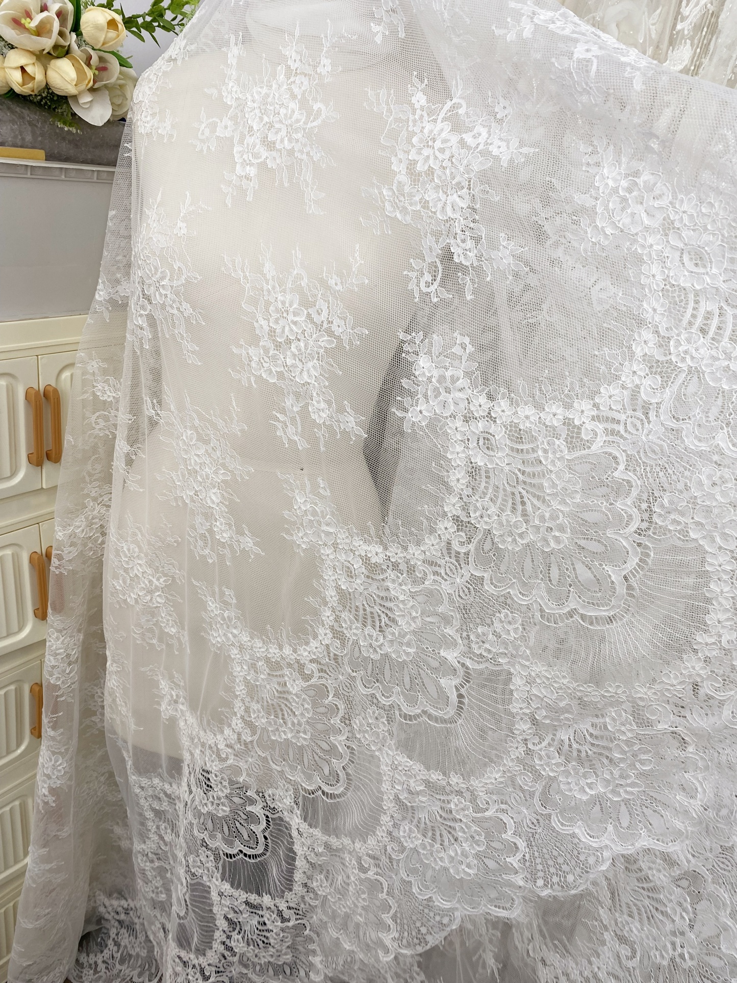 3 Meters French Chantilly Lace Fabric with Corded and Eyelash, Floral Embroidery Lace Scallop Edges for Bridal Wedding Dress, Veil