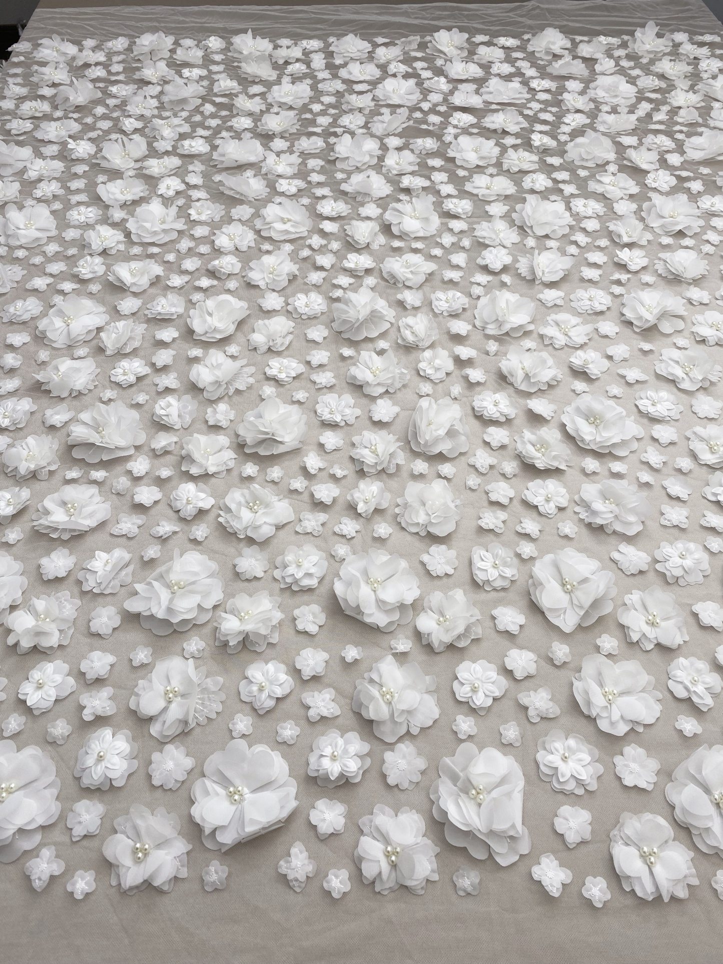 3D Blossom Flowers Mesh Lace Fabric with Pearl Beads | Floral Petals Tulle for Wedding Dresses, Bridal Gowns, Veils & Evening Wear