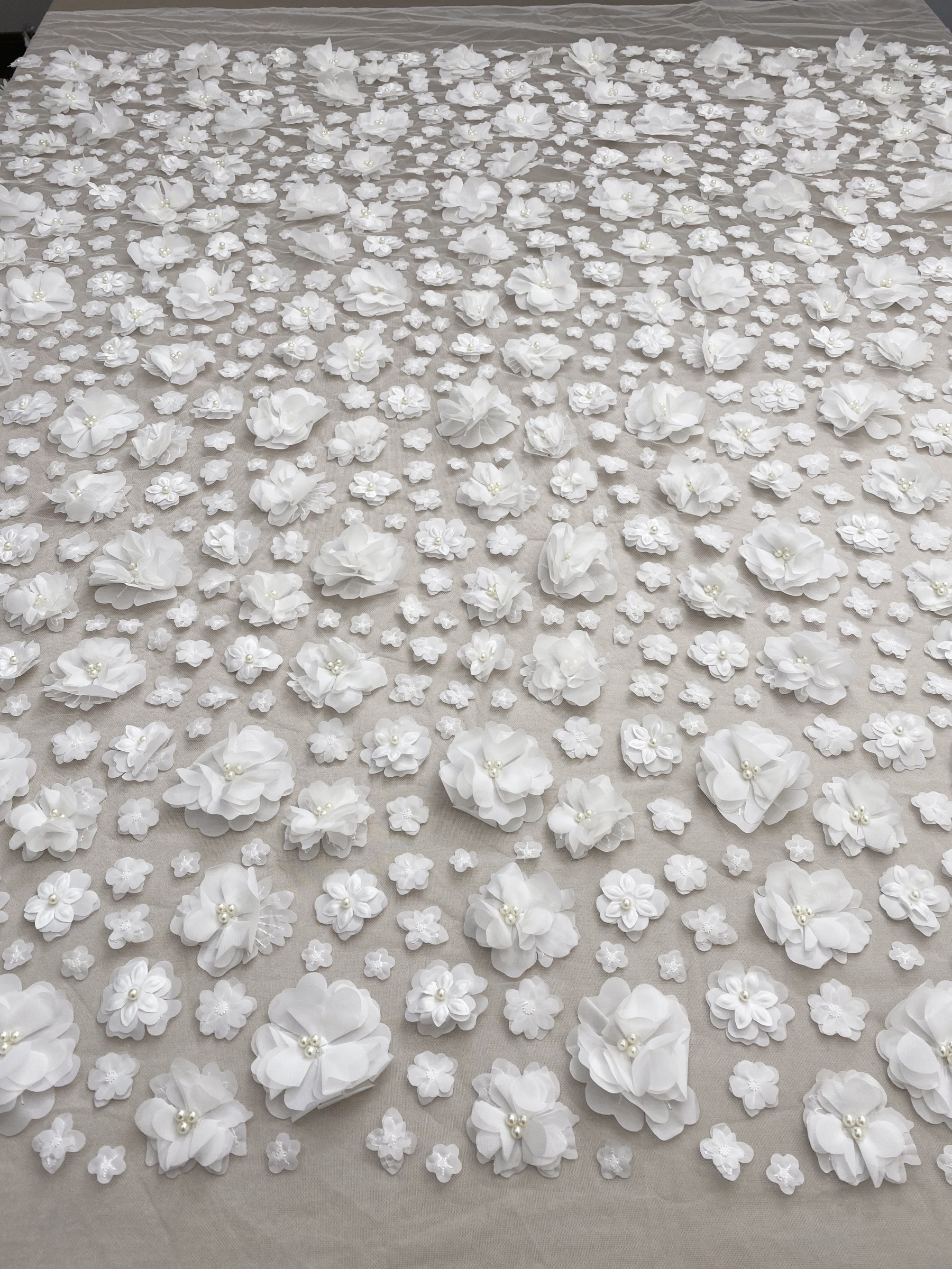 3D Blossom Flowers Mesh Lace Fabric with Pearl Beads | Floral Petals Tulle for Wedding Dresses, Bridal Gowns, Veils & Evening Wear