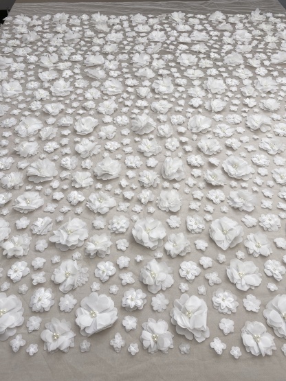 3D Blossom Flowers Mesh Lace Fabric with Pearl Beads | Floral Petals Tulle for Wedding Dresses, Bridal Gowns, Veils & Evening Wear