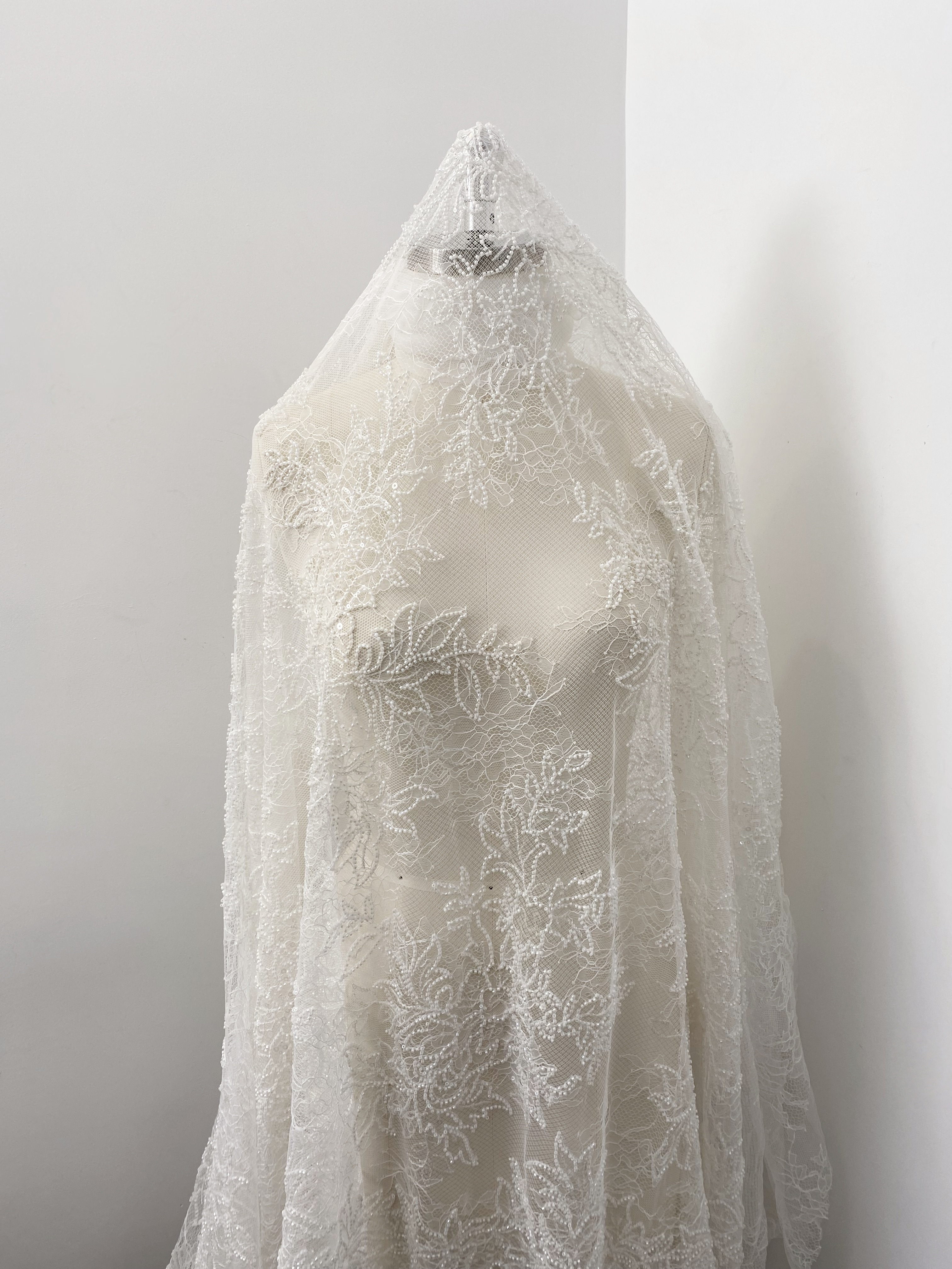 Ivory Floral Beaded Lace Fabric on Soft Mesh, Bridal Embroidery Material for Wedding Gowns, Ball Gowns, Couture, Evening dress