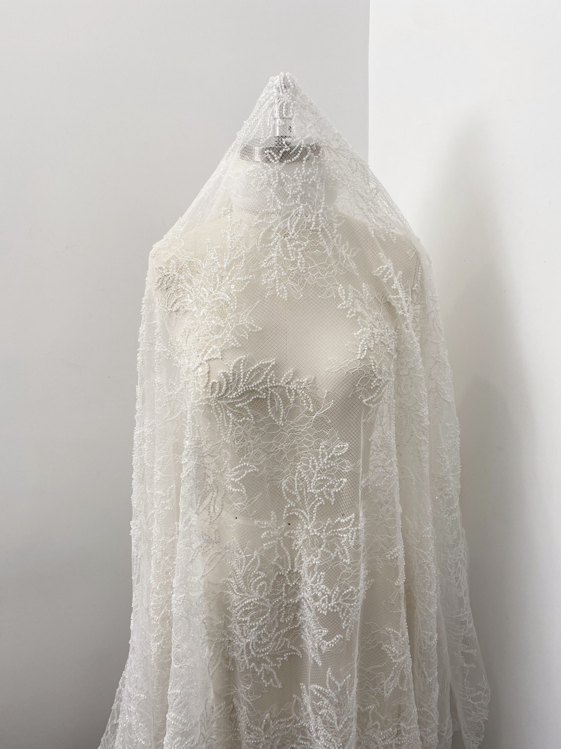 Ivory Floral Beaded Lace Fabric on Soft Mesh, Bridal Embroidery Material for Wedding Gowns, Ball Gowns, Couture, Evening dress